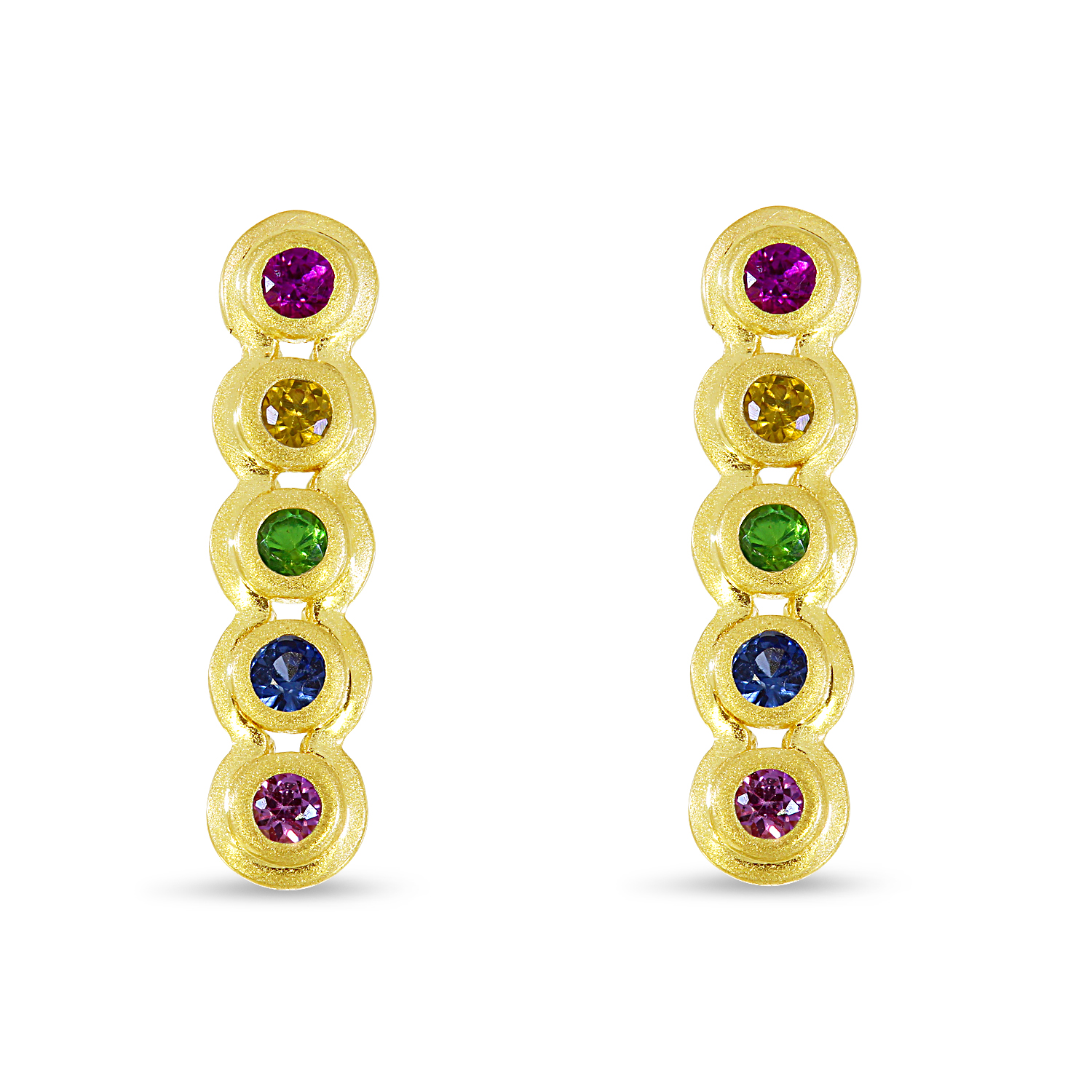 14K Yellow Gold Bezel Rainbow Sapphire Bar Earrings