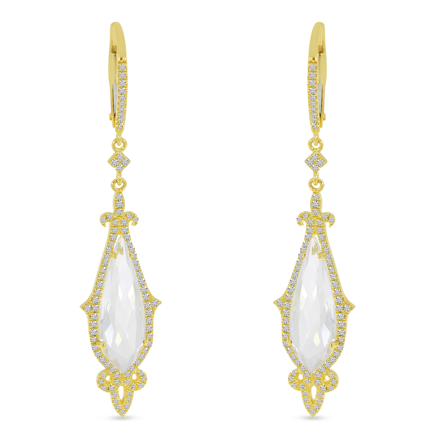 14K Yellow Gold White Topaz Pear Ornate Diamond Halo Earrings