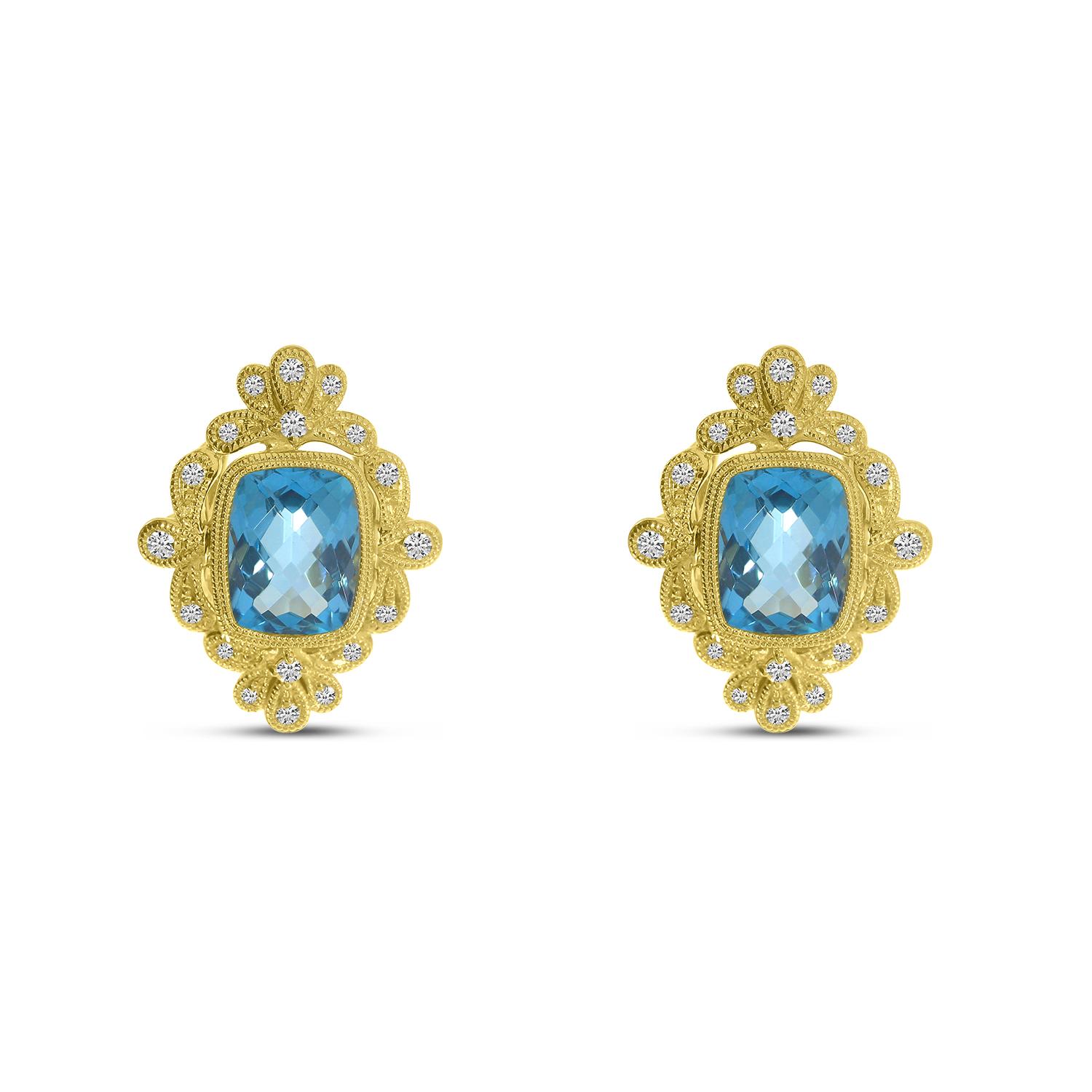 14K Yellow Gold Cushion Blue Topaz and Diamond Milgrain Earrings