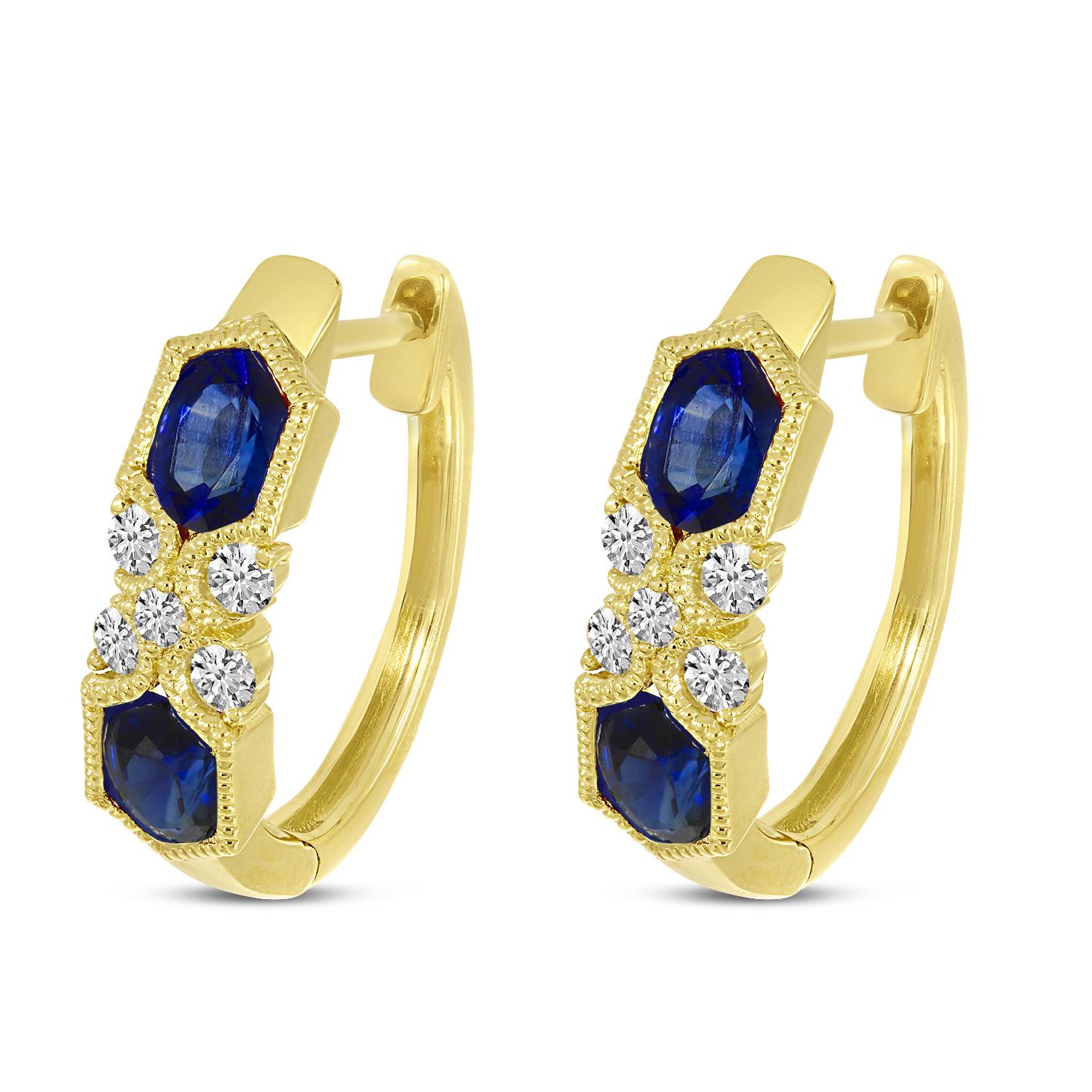 14K Yellow Gold Sapphire and Diamond Millgrain Huggie Earrings