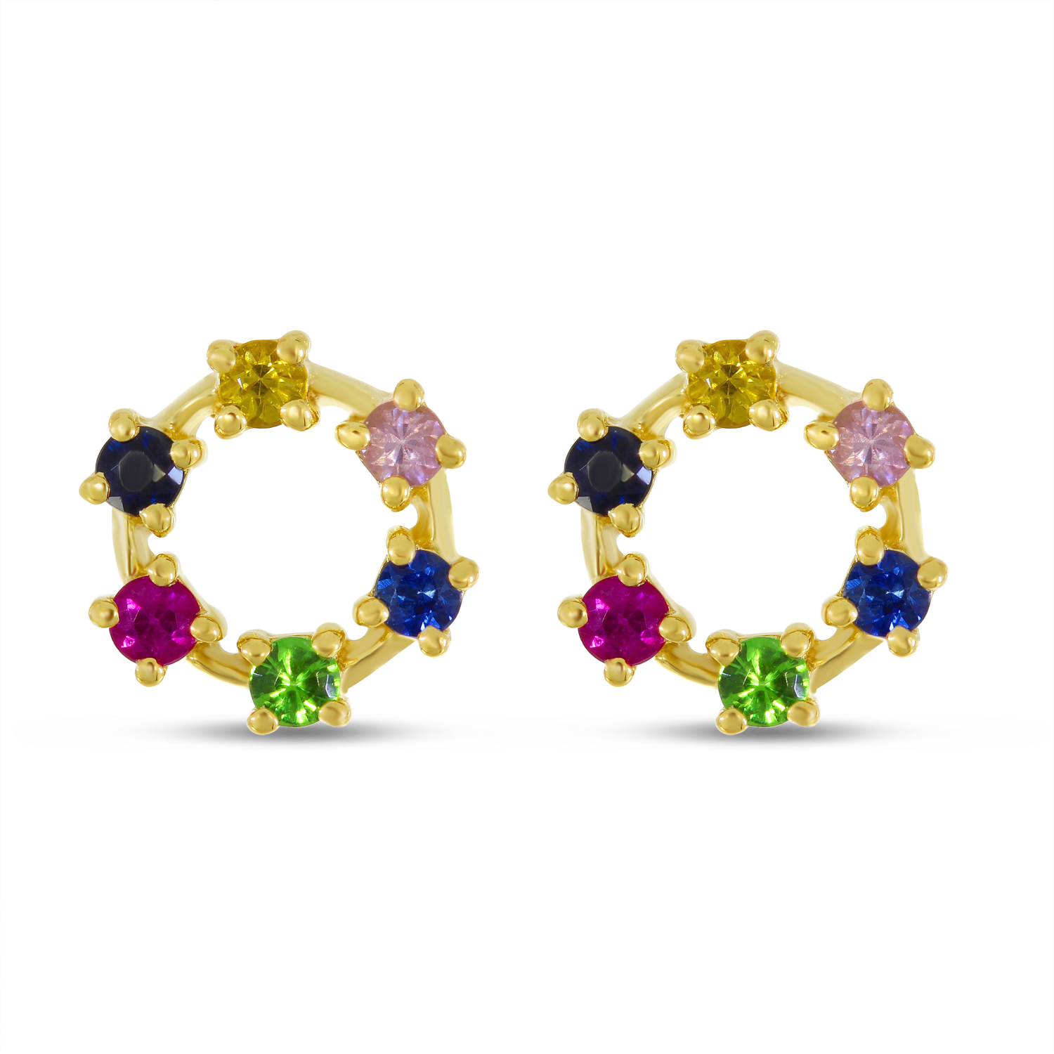 14K Yellow Gold Rainbow Sapphire Circle Stud Earrings