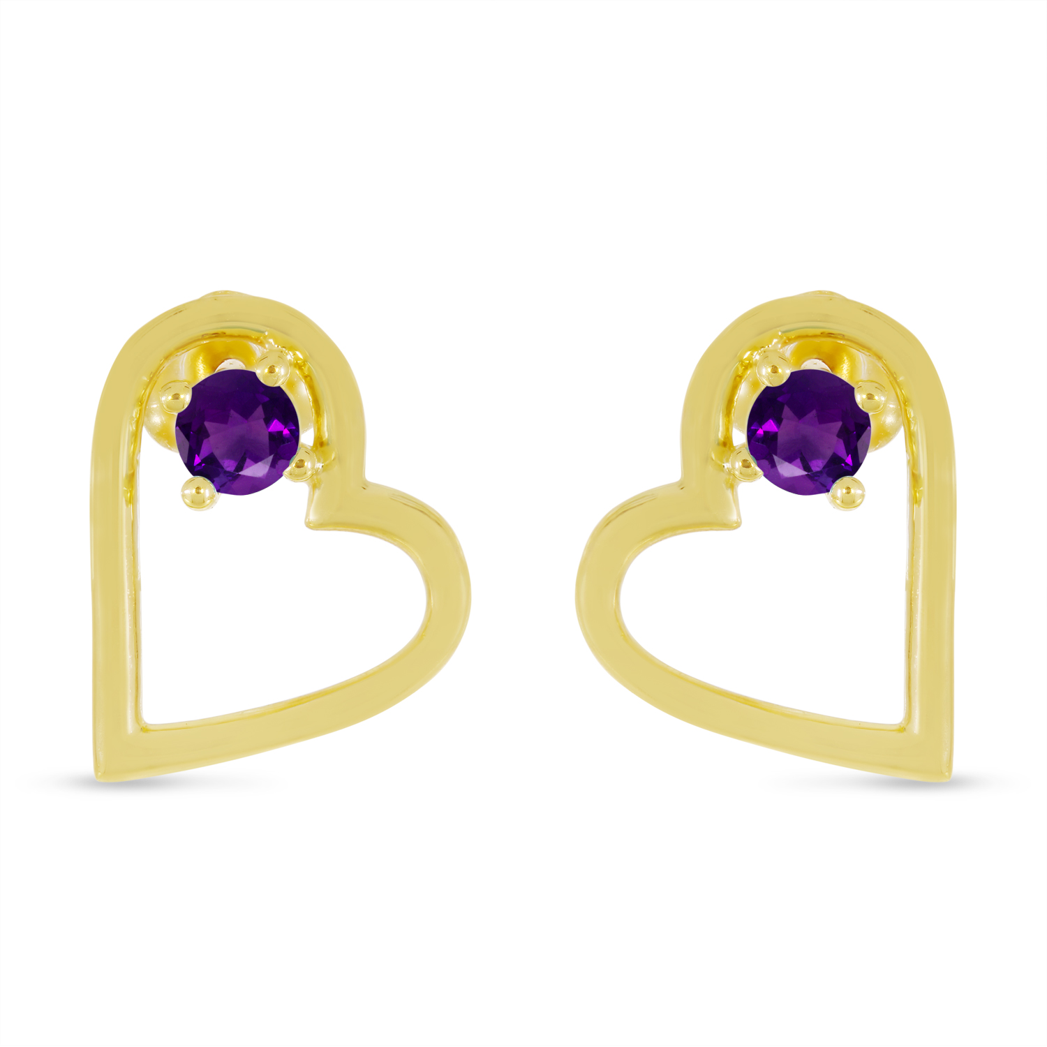 14K Yellow Gold Amethyst Open Heart Birthstone Earrings