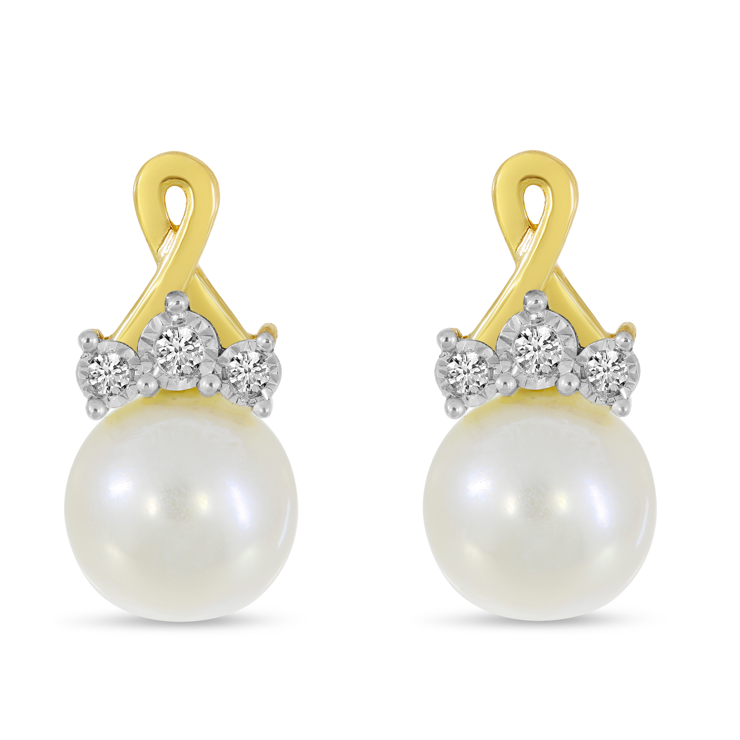 14K Yellow Gold Crossover Diamond & Pearl Earrings