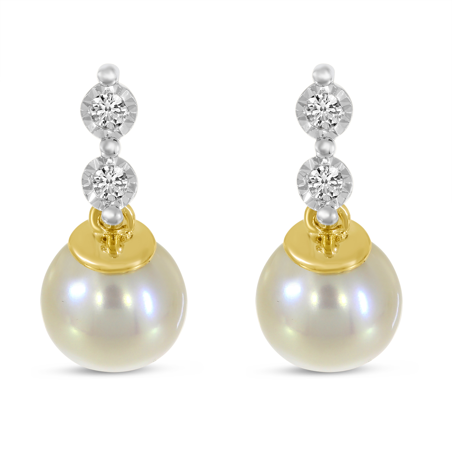 14K Yellow Gold Two Diamond & Pearl Drop Earrings