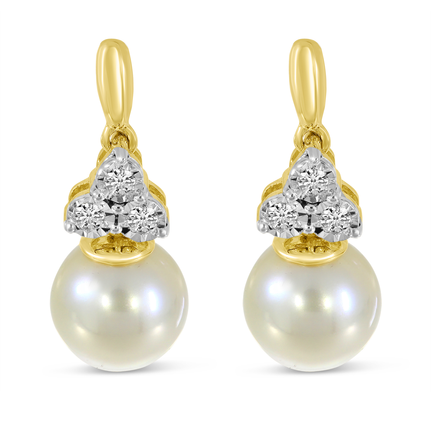 14K Yellow Gold Diamond Triangle & Pearl Earrings