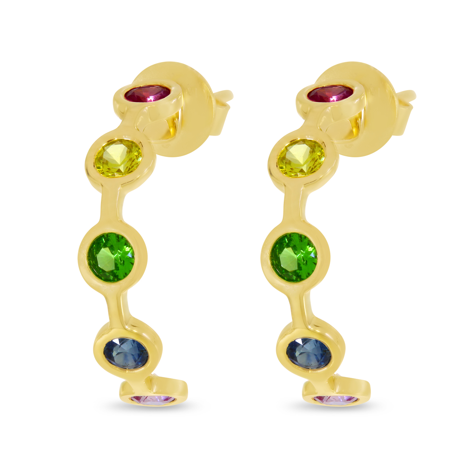 14K Yellow Gold Rainbow Sapphire Bezel Huggie Earrings