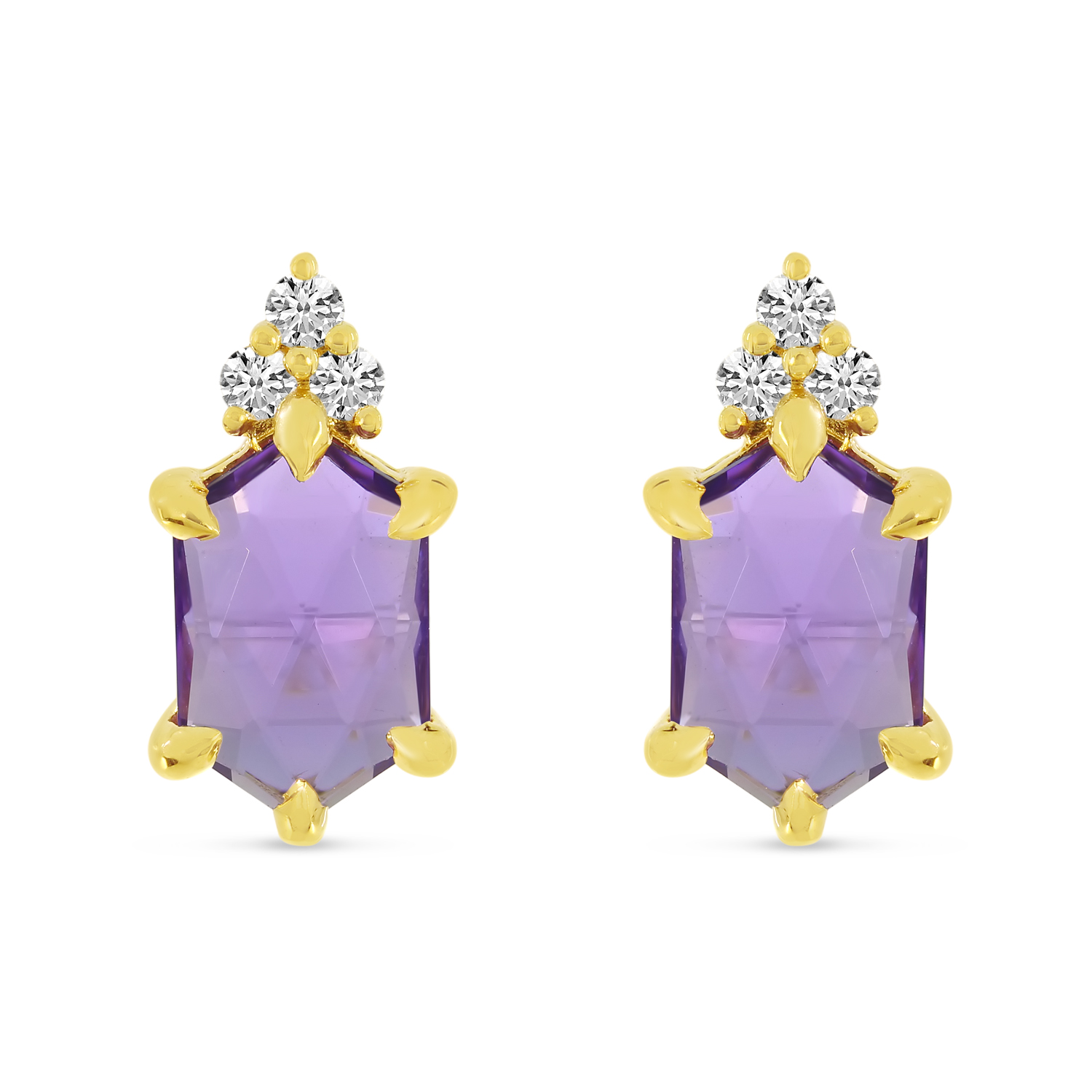 14K Yellow Gold Hexagon Amethyst & Diamond Stud Earrings