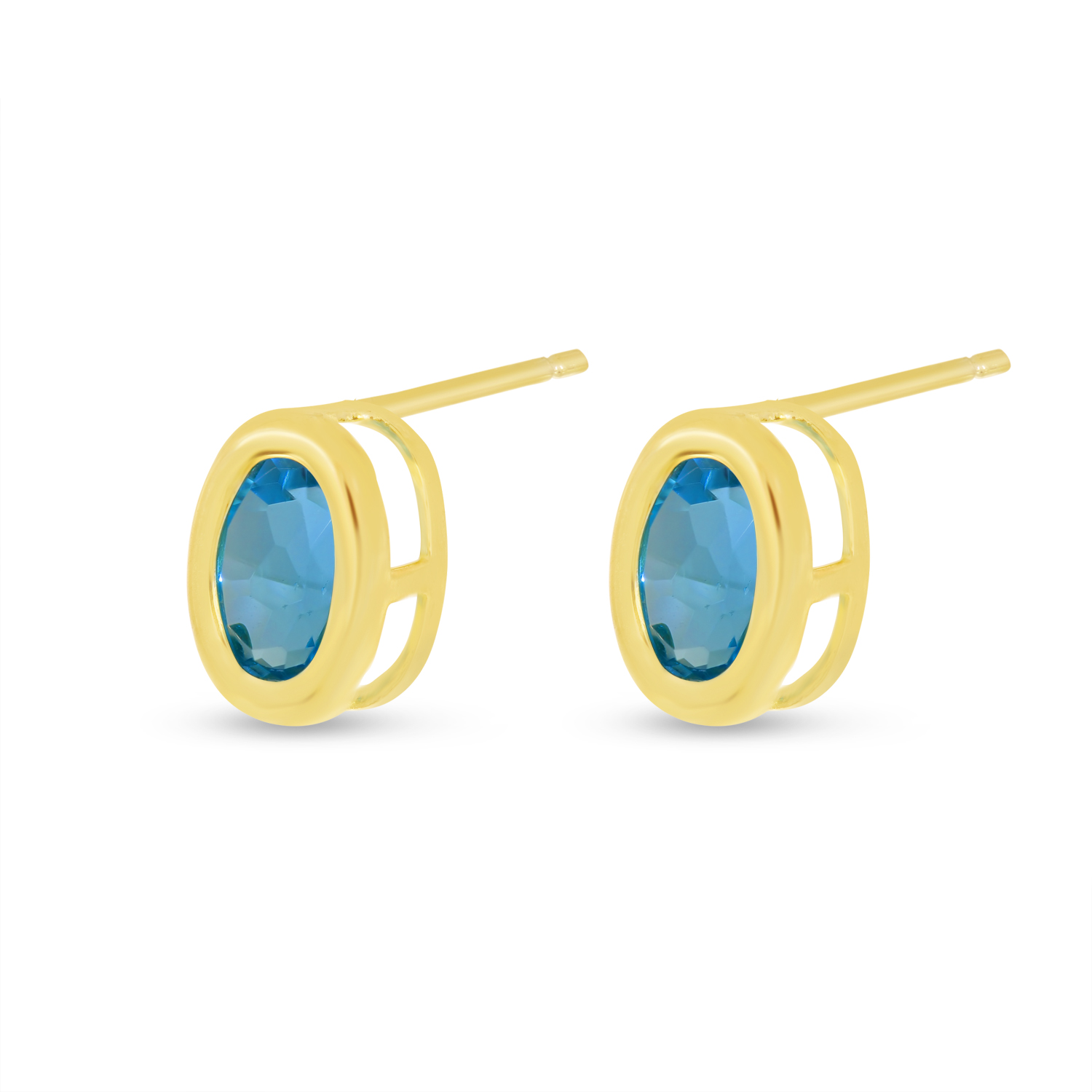 14K Yellow Gold Blue Topaz Oval Bezel Birthstone Earrings