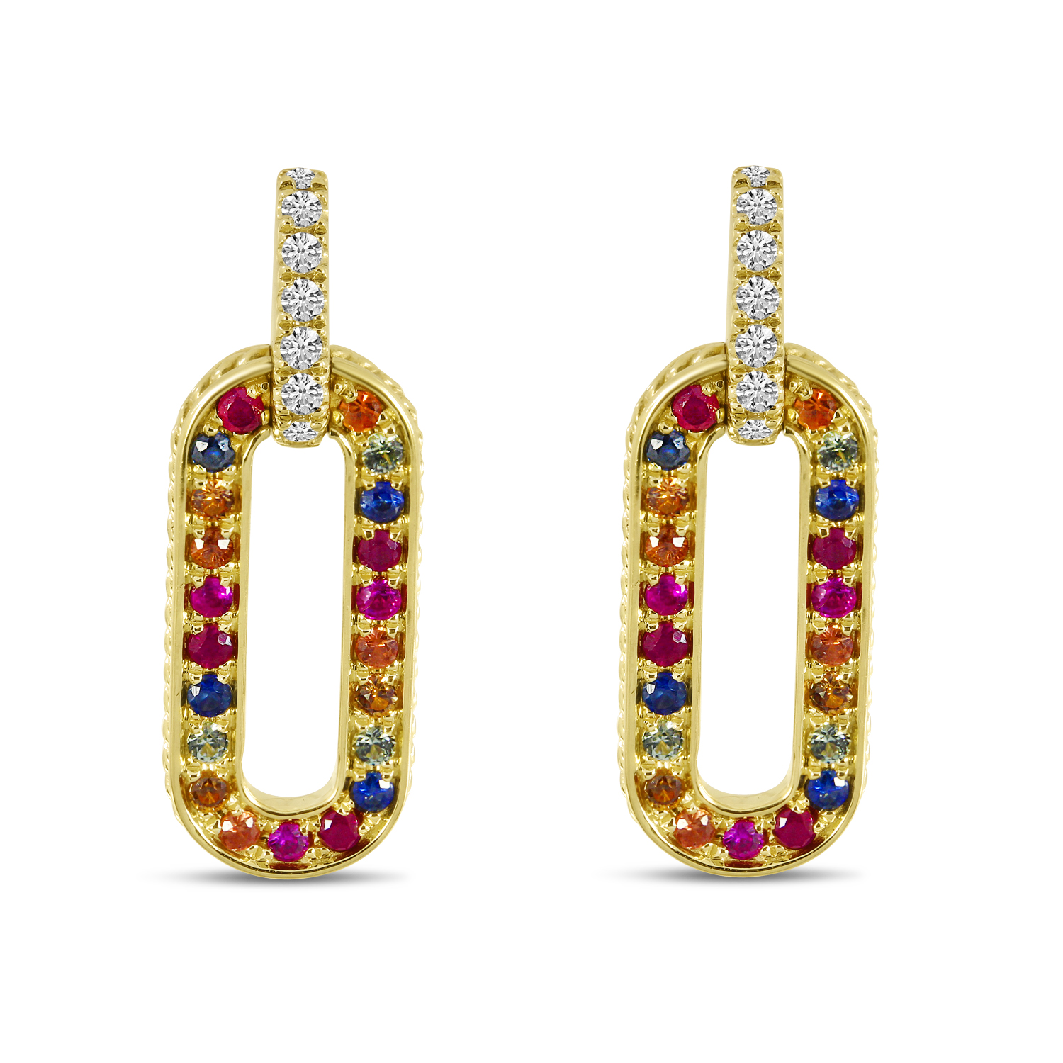 14K Yellow Gold Rainbow Sapphire & Diamond Link Earrings