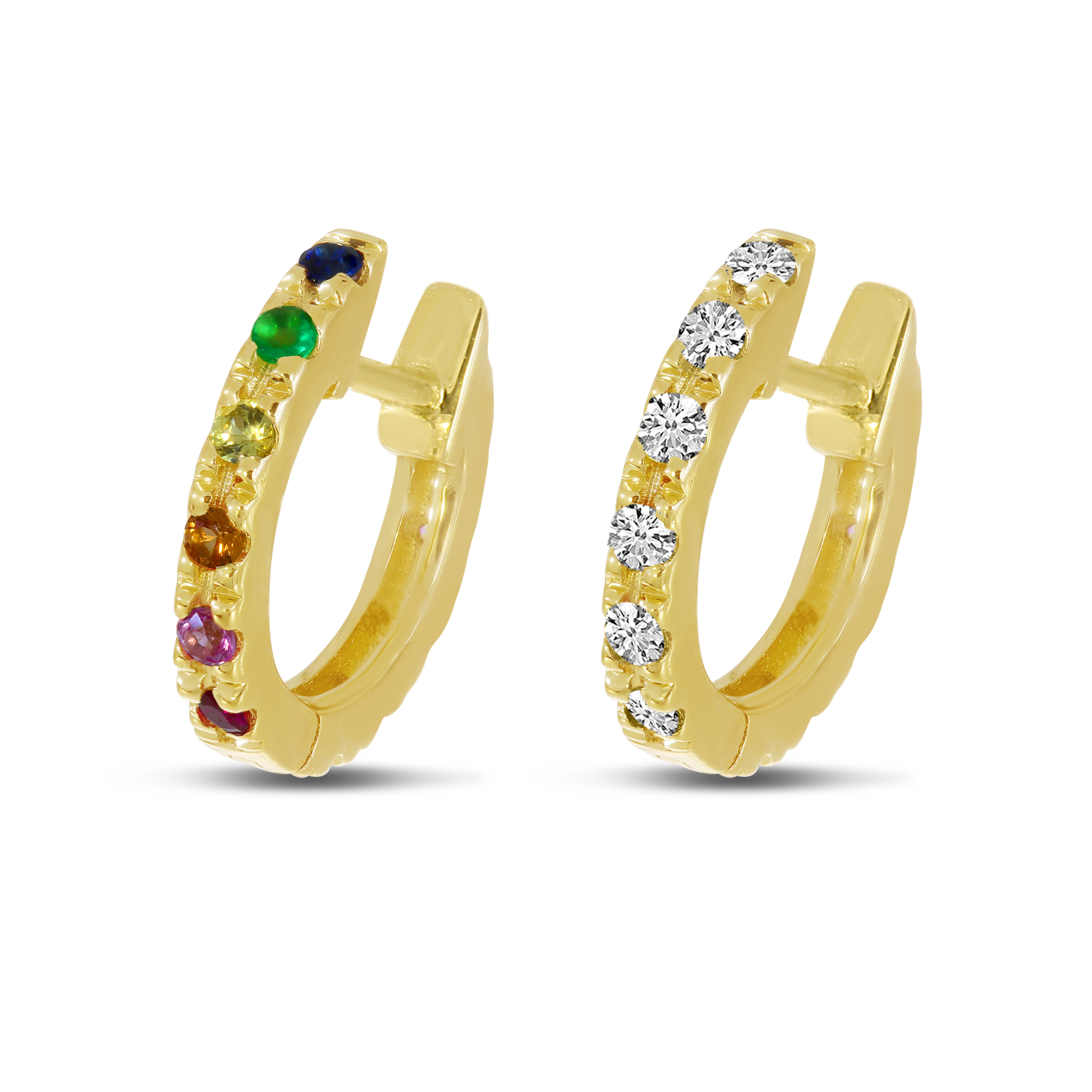 14K Yellow Gold Rainbow Sapphire & Diamond Reversible Huggie Earrings