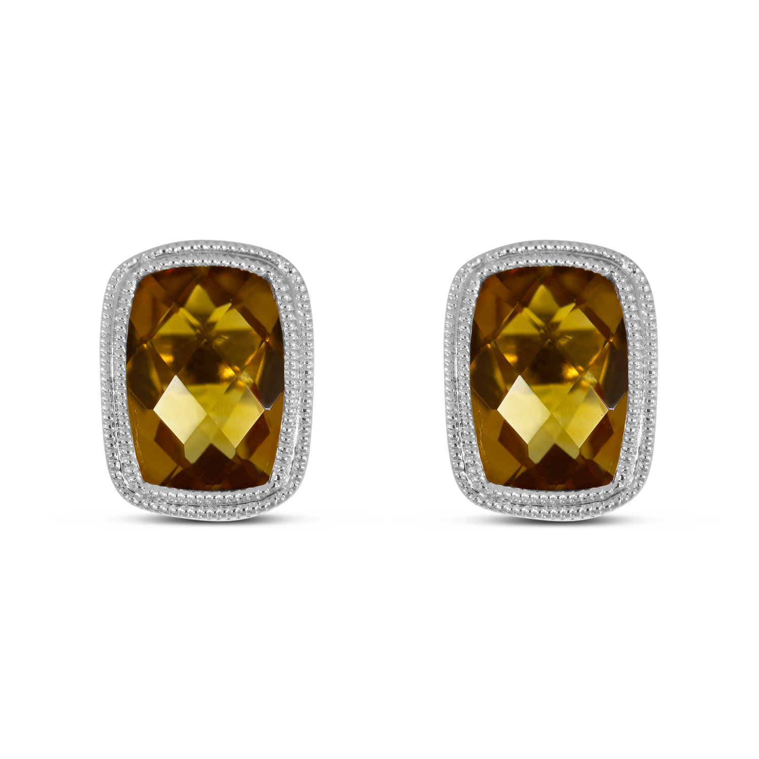 14K White Gold Cushion Citrine Millgrain Earrings
