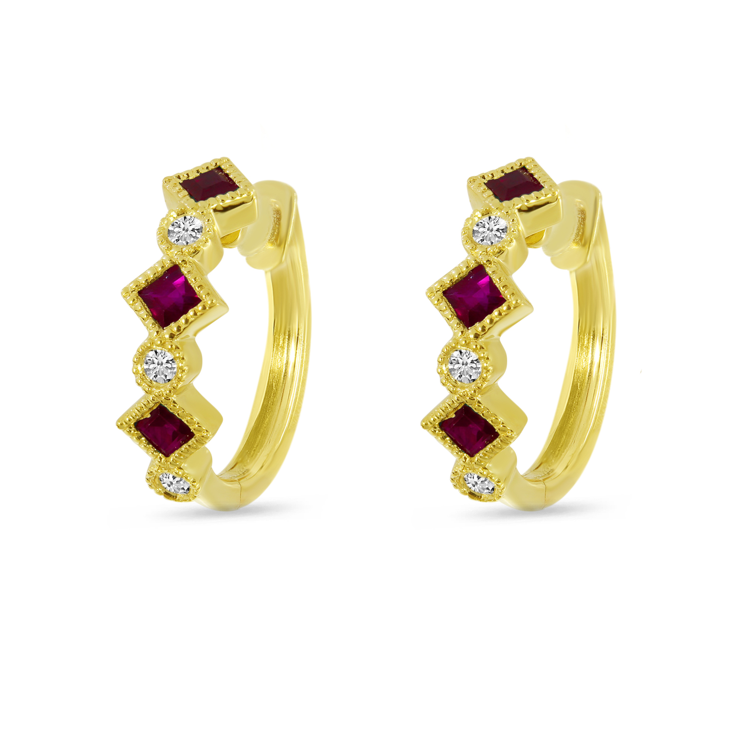 14K Yellow Gold Princess Cut Ruby & Diamond Millgrain Huggie Earrings
