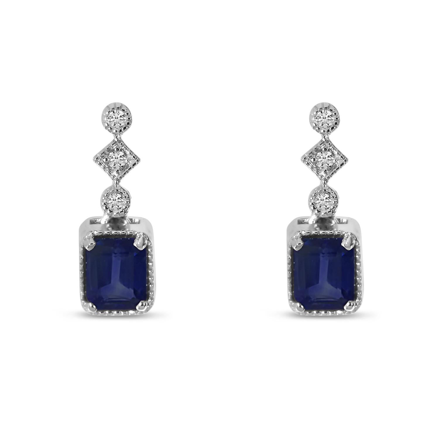 14K White Gold Emerald Cut Sapphire and Diamond Precious Earrings