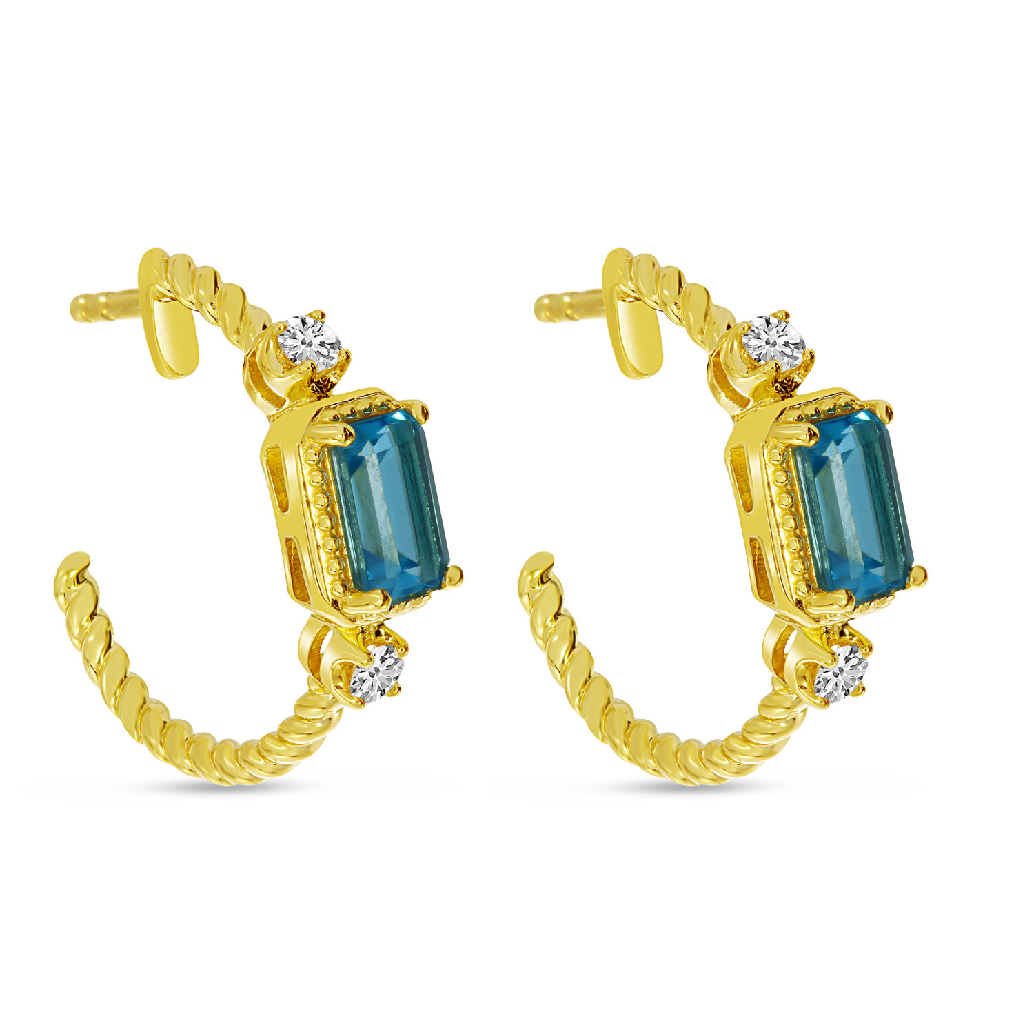 14K Yellow Gold Emerald Cut Semi and Diamond Twist Hoop Earrings