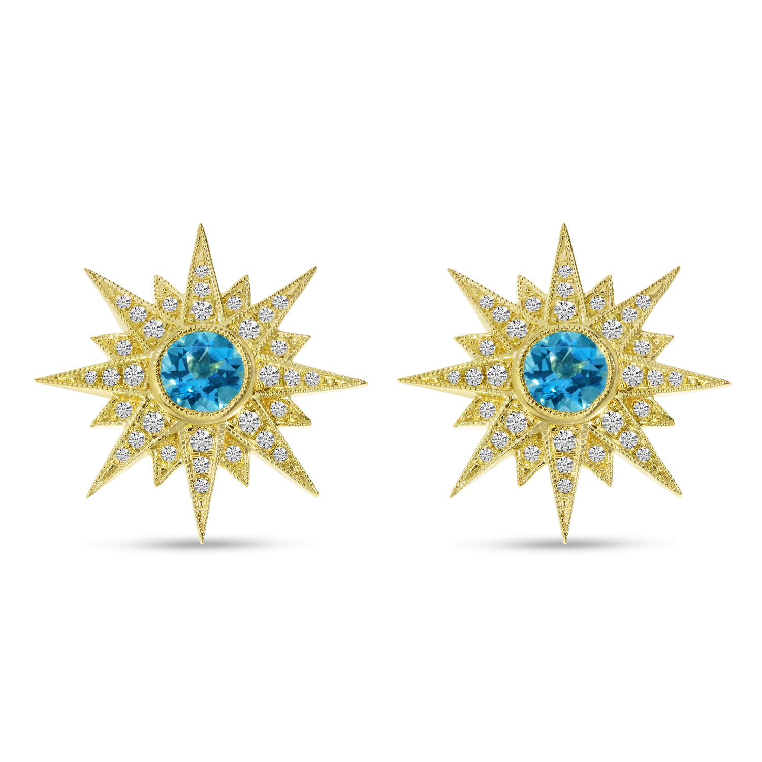 14K Yellow Gold Starburst Semi Precious Diamond Earrings