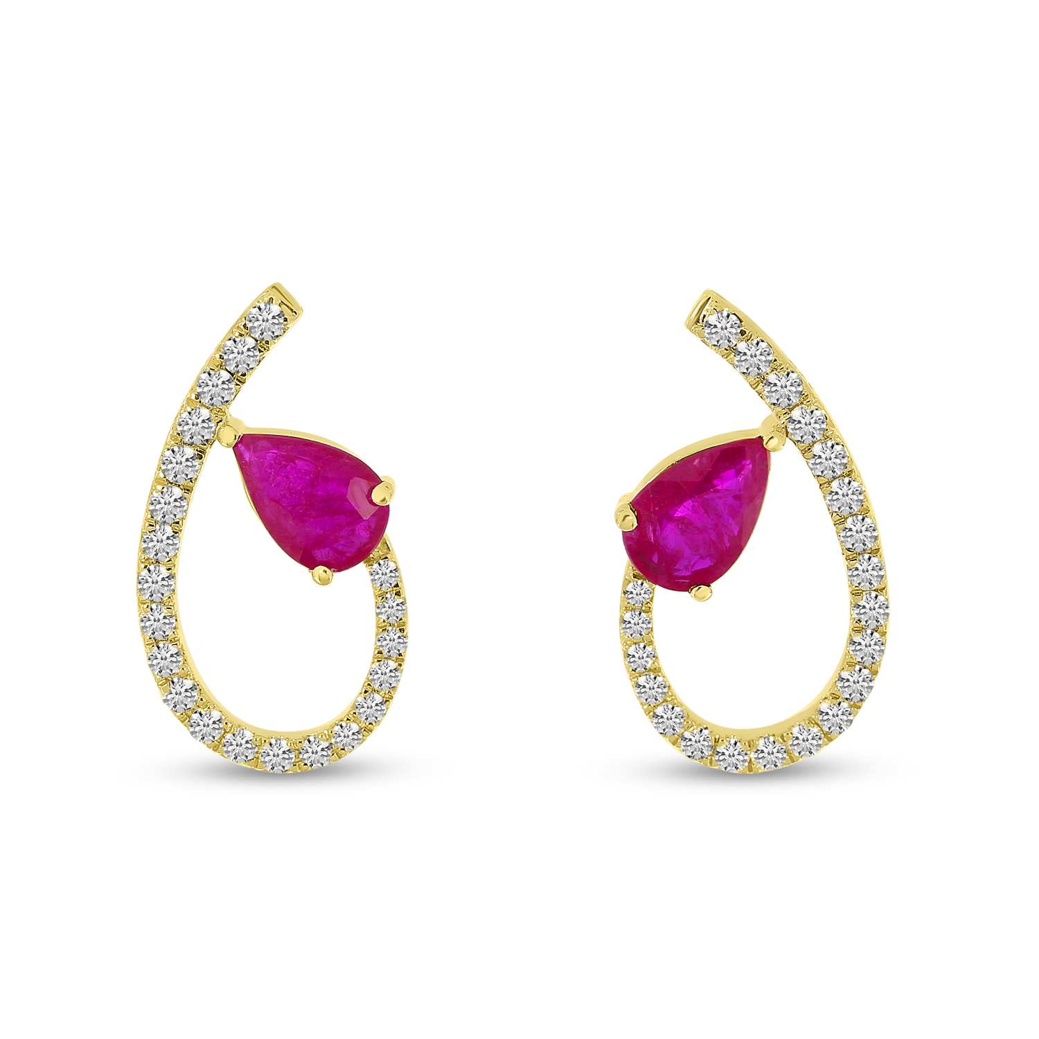 14K Yellow Gold Precious Ruby and Diamond Oval Swirl Stud Earrings