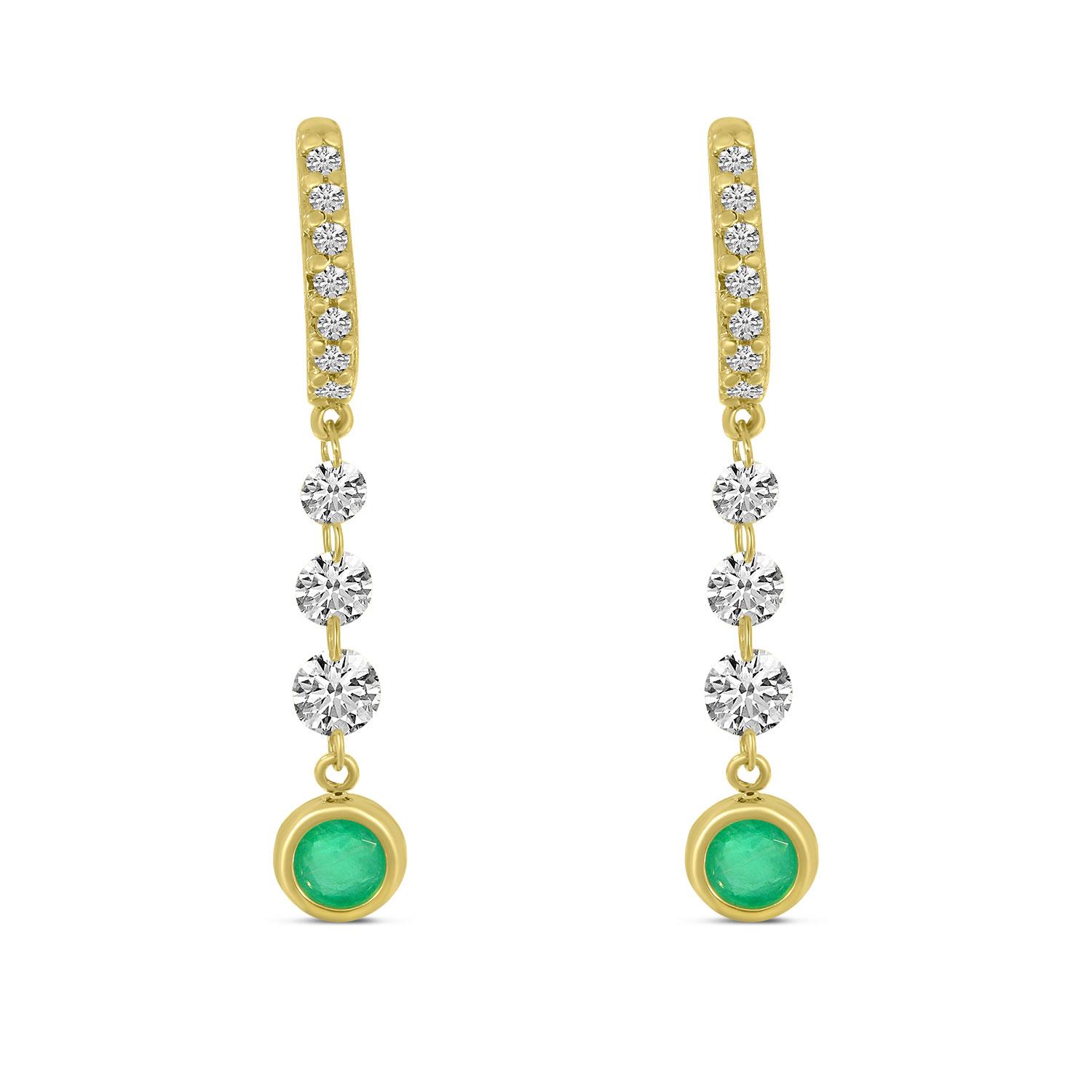 14K Yellow Gold Dashing Diamond Emerald Bezel Dangle Earrings
