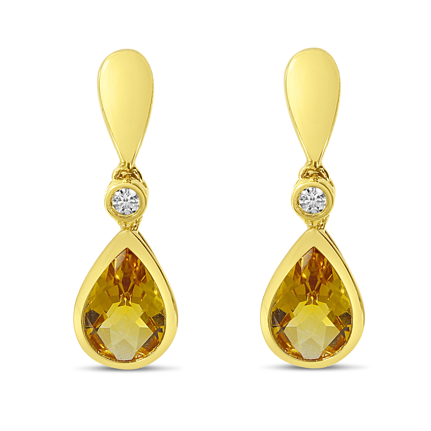 14K Yellow Gold Bezel Pear-Cut Citrine and Diamond Earrings