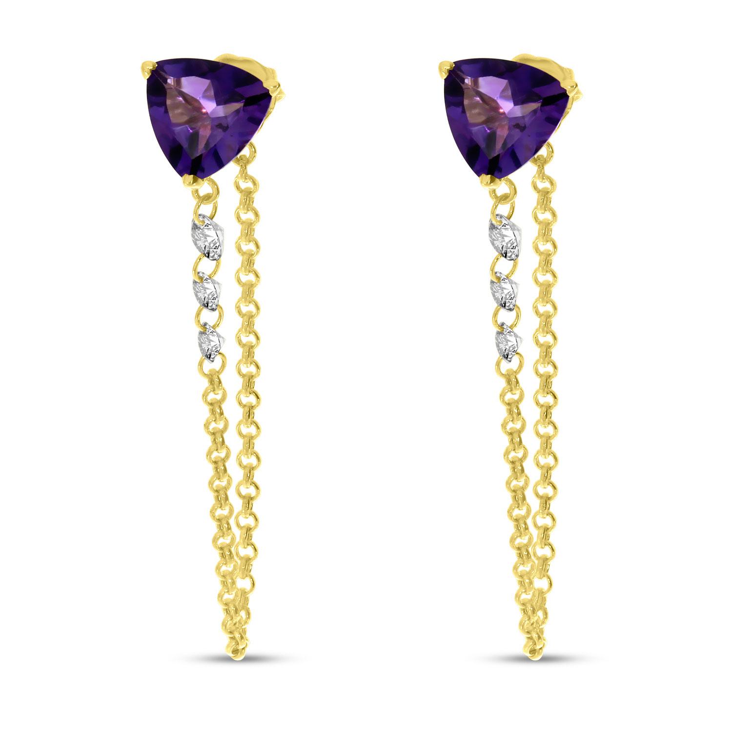 14K Yellow Gold Dashing Diamonds & Semi Precious Cushion Amethyst Front/Back Chain Stud Earrings