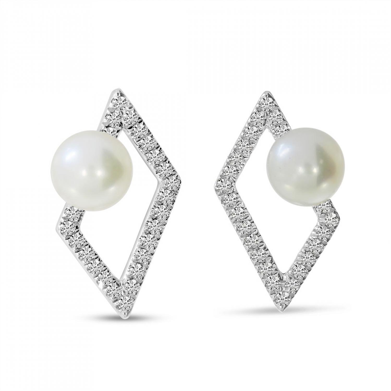 14K White Gold Pearl and Diamond Geometric Stud Earrings