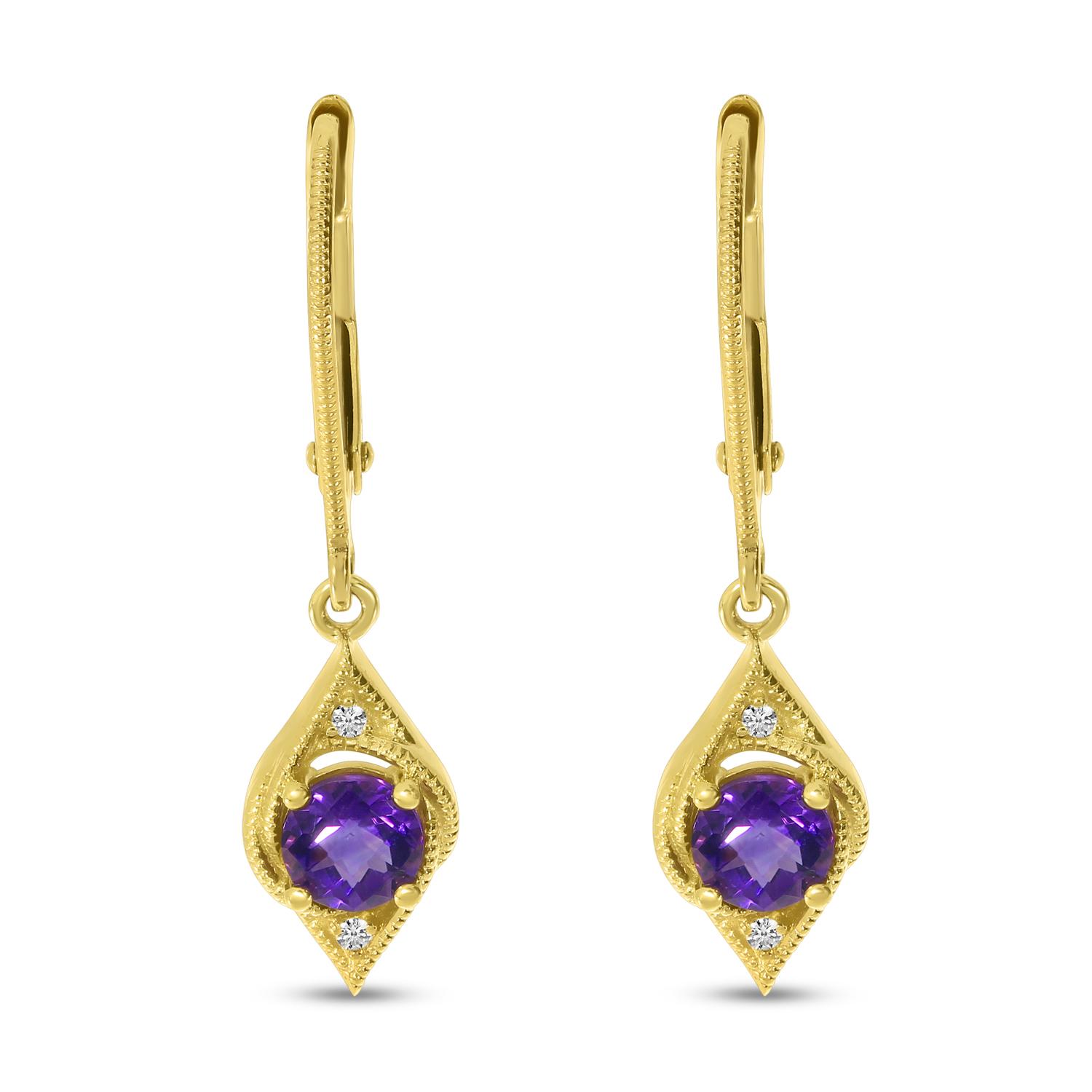 14K Yellow Gold Round Amethyst Filigree Drop Leverback Earrings