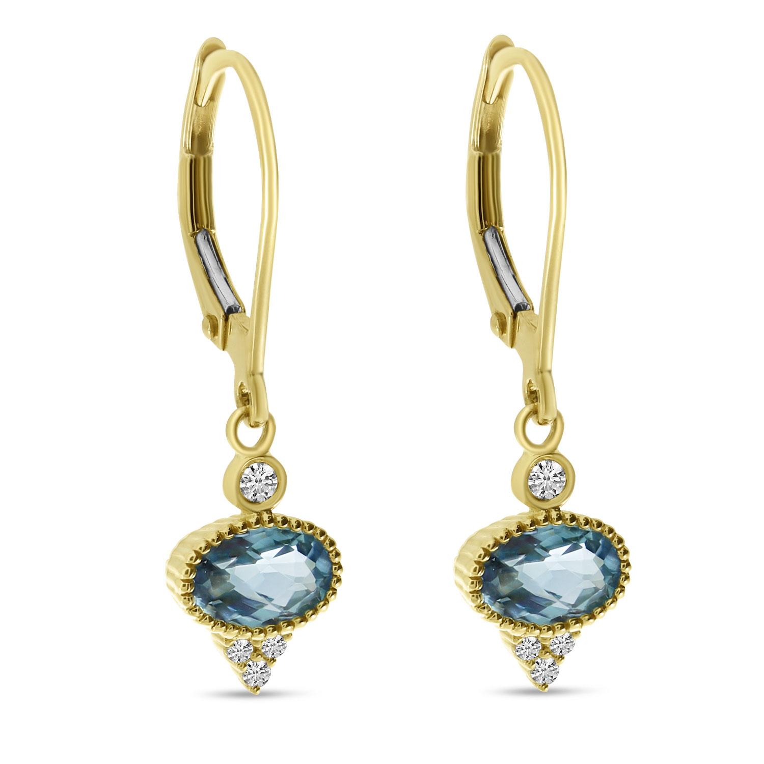 14K Yellow Gold Oval Blue Topaz and Diamond Dangle Leverback Semi Precious Earrings