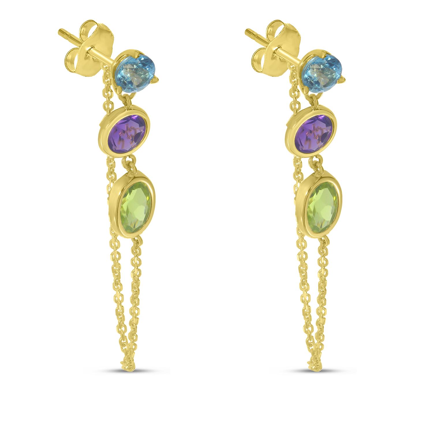14K Semi Precious Round/Round/Oval Front to Back Chain Earring