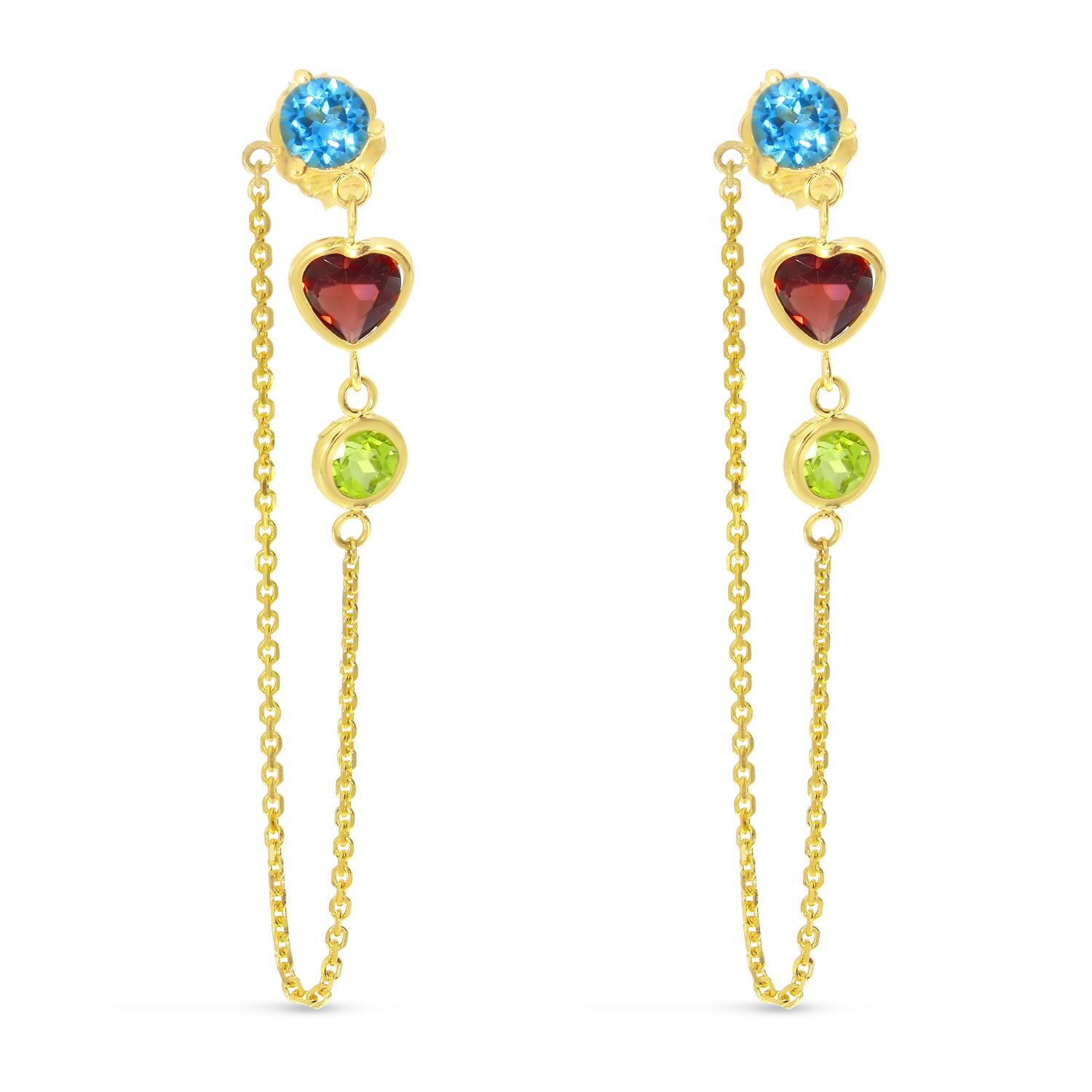 14K Semi Precious Round/Heart/Round Front to Back Chain Earrings