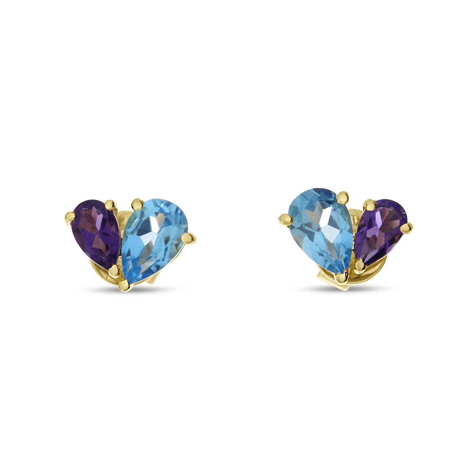 14K Yellow Gold Double Pear Amethyst and Blue Topaz Heart Stud Earrings
