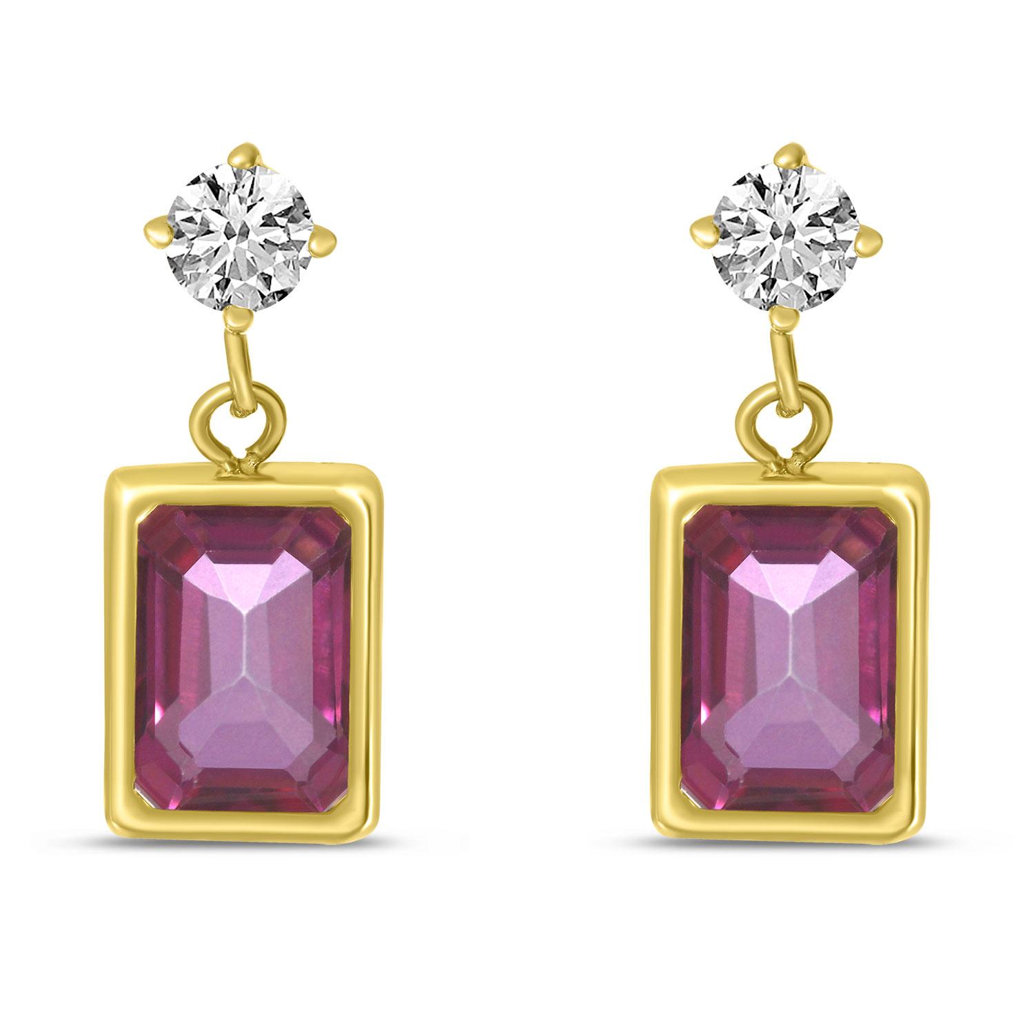 14K Yellow Gold White Topaz Stud with Octagon Pinkt topaz Dangle Earrings