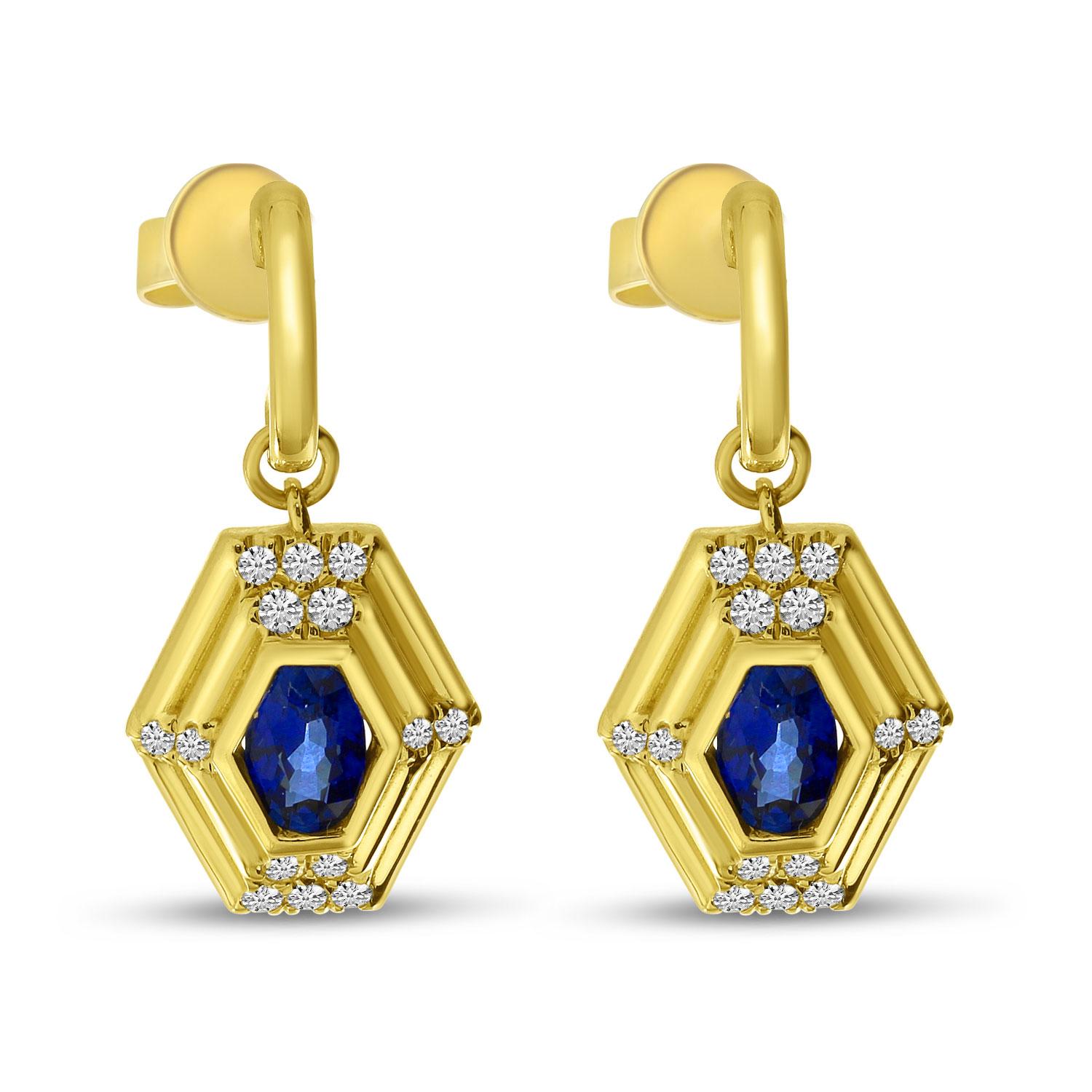 14K Yellow Gold Oval Sapphire Precious Hexagon Art Deco Dangle Earrings