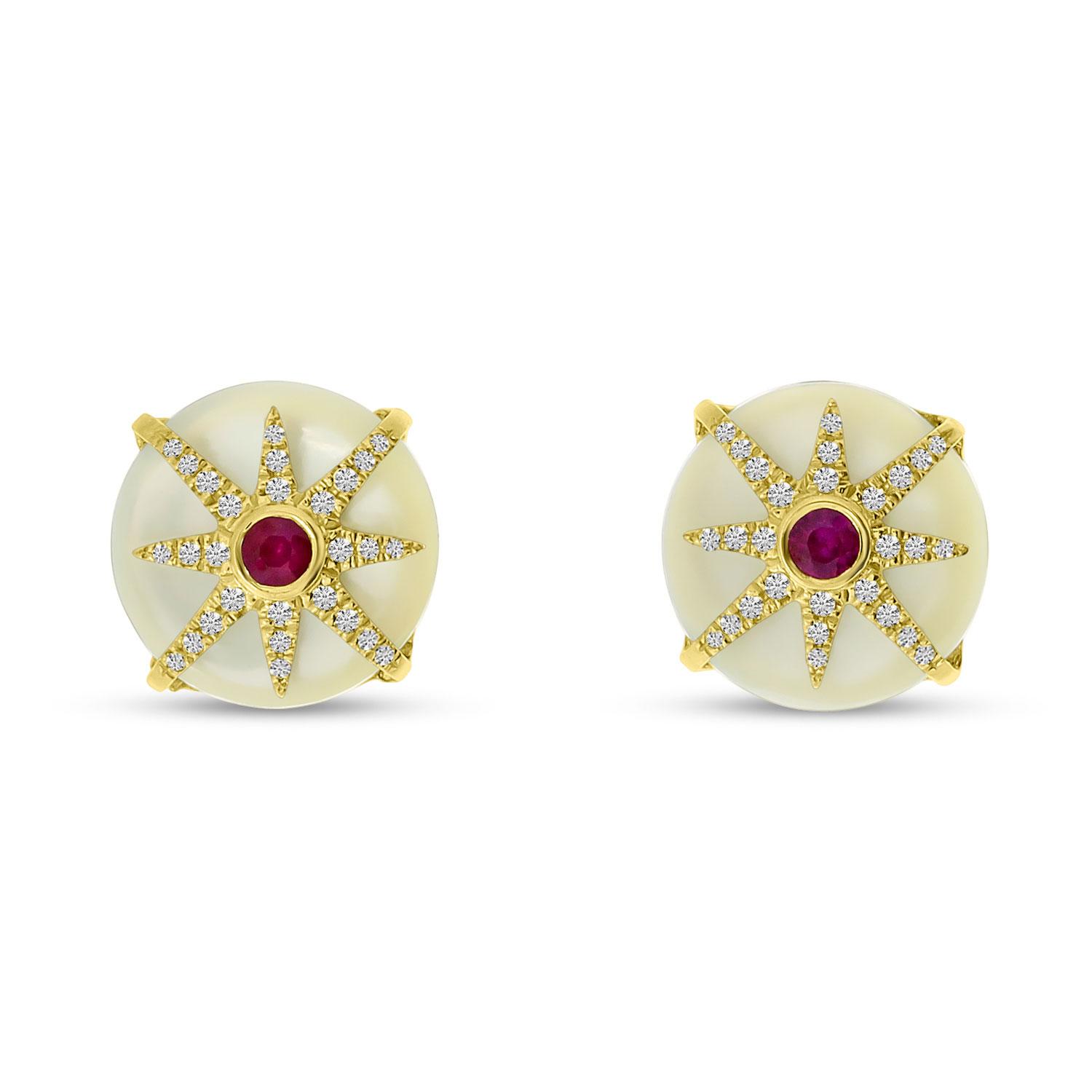 14K Yellow Gold Mother of Pearl with Diamond and Ruby Button Earrings