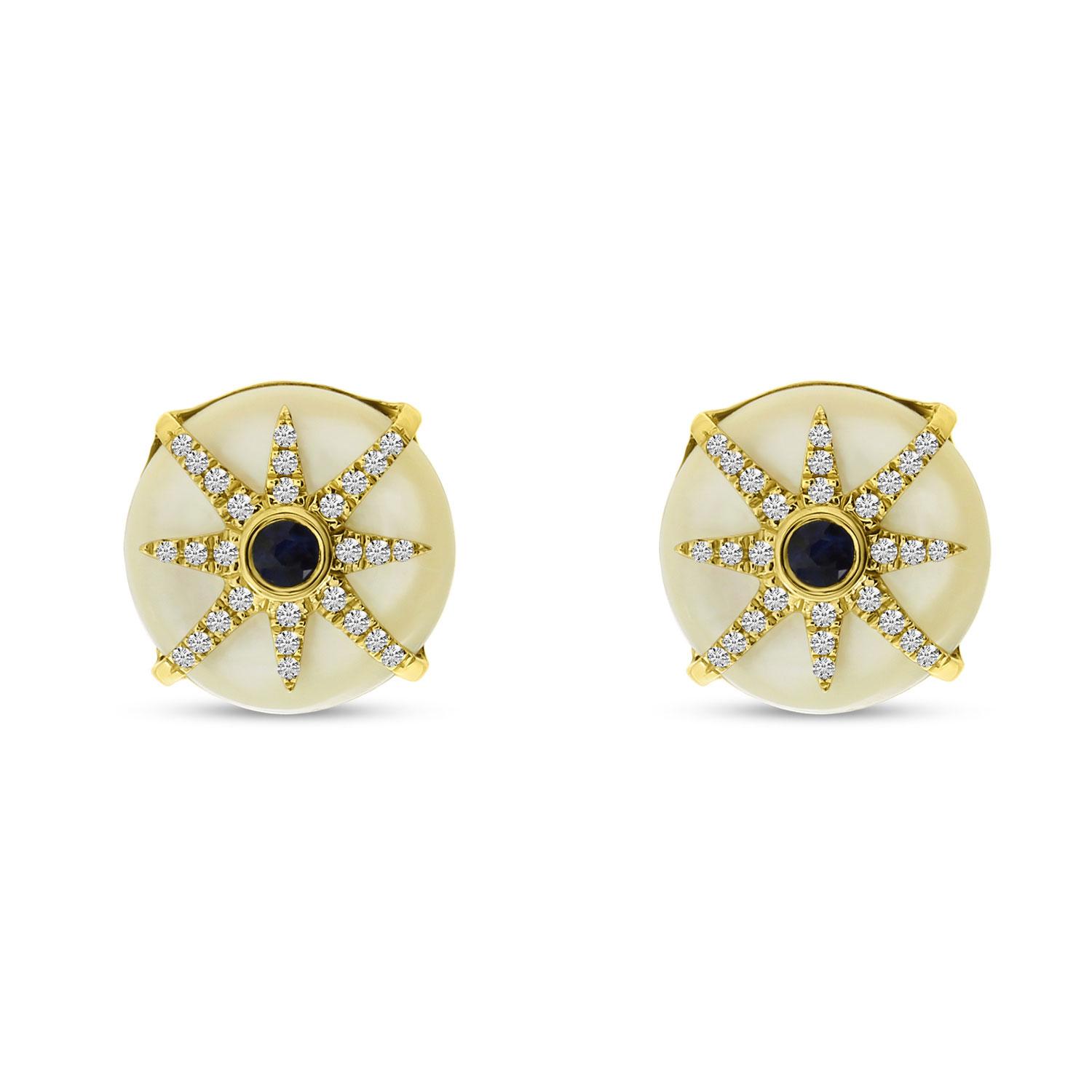 14K Yellow Gold Mother of Pearl with Diamond and Sapphire Button Earrings