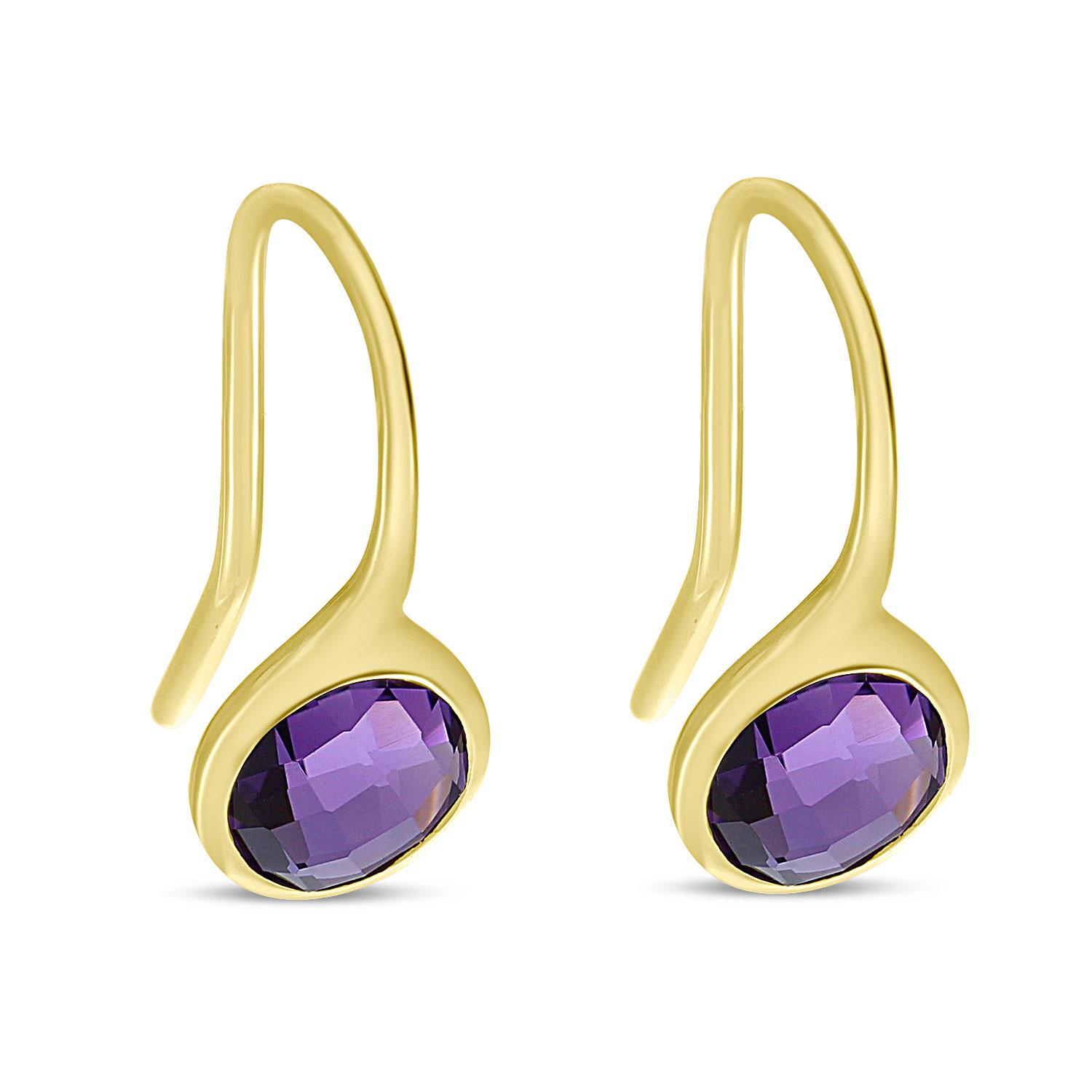 14K Yellow Gold Round Bezel Set Amethyst Semi Precious Wire Earrings