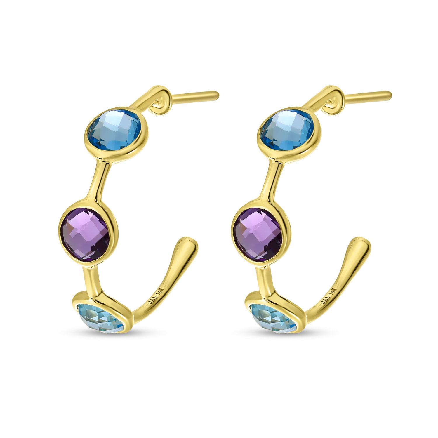 14K Yellow Gold Amethyst and Blue Topaz Triple Bezel Hoop Semi Precious Earrings