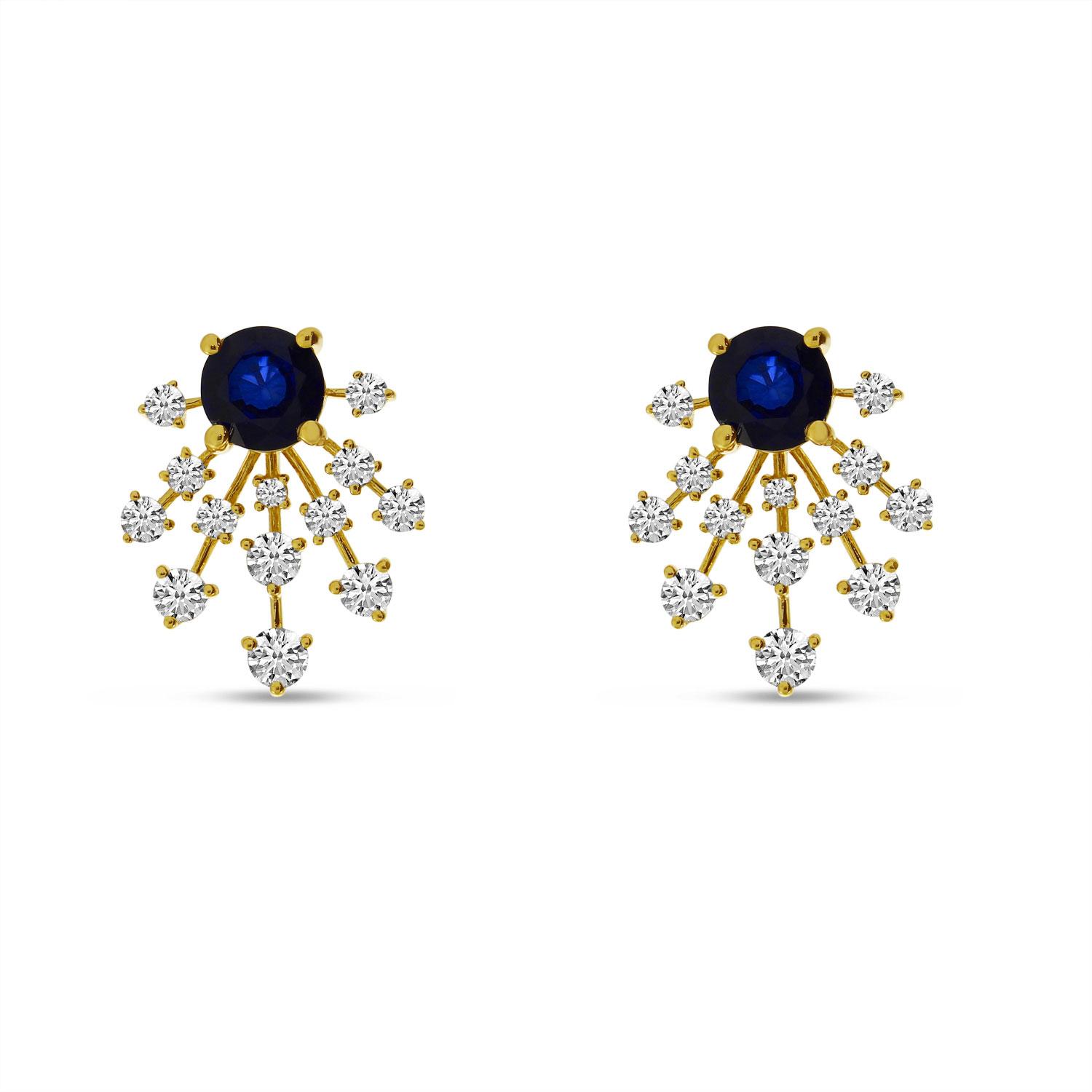 14K Yellow Gold Sapphire and Diamond Burst Precious Stud Earrings