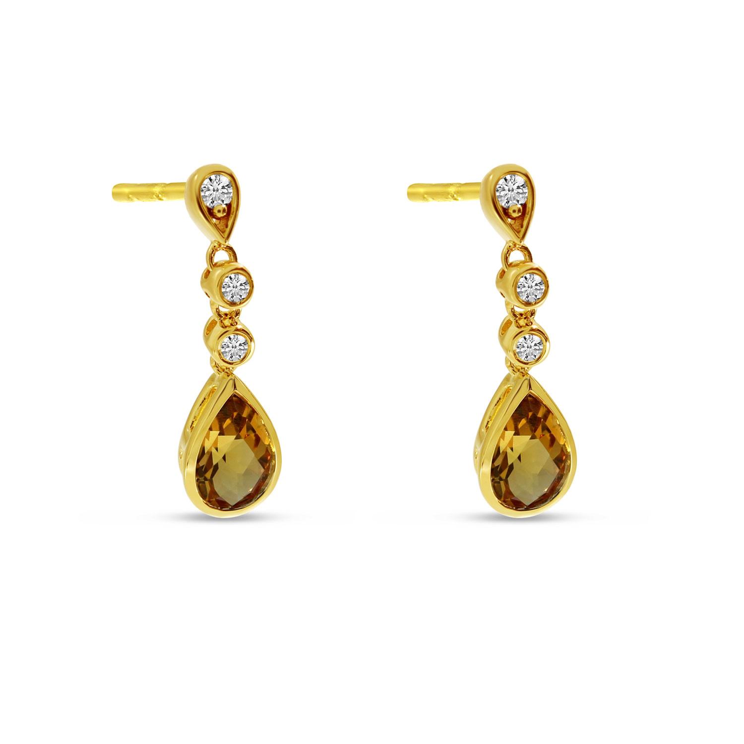14K Yellow Gold Pear Citrine with Diamond Drop Earrings