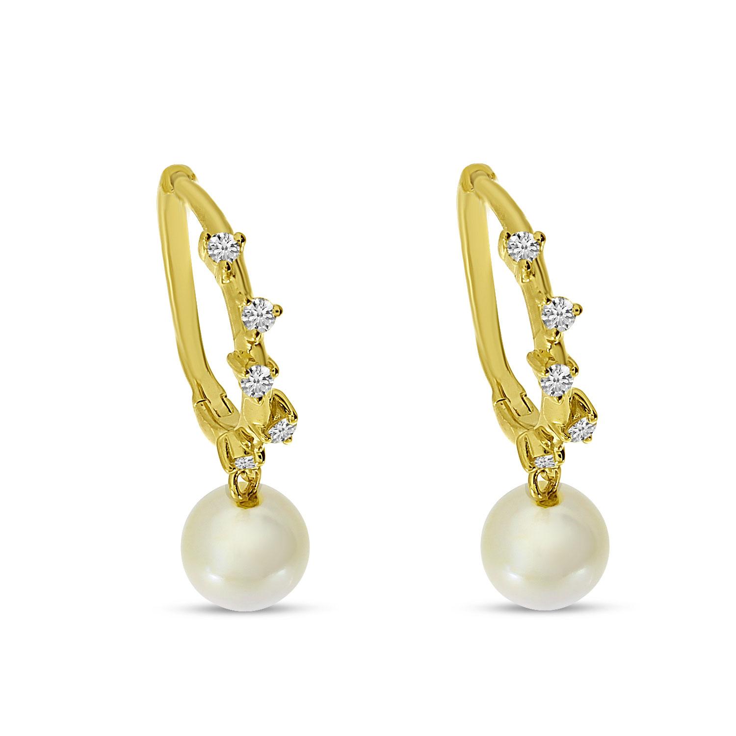 14K Yellow Gold Diamond Huggie with Pearl Dangle Earrings