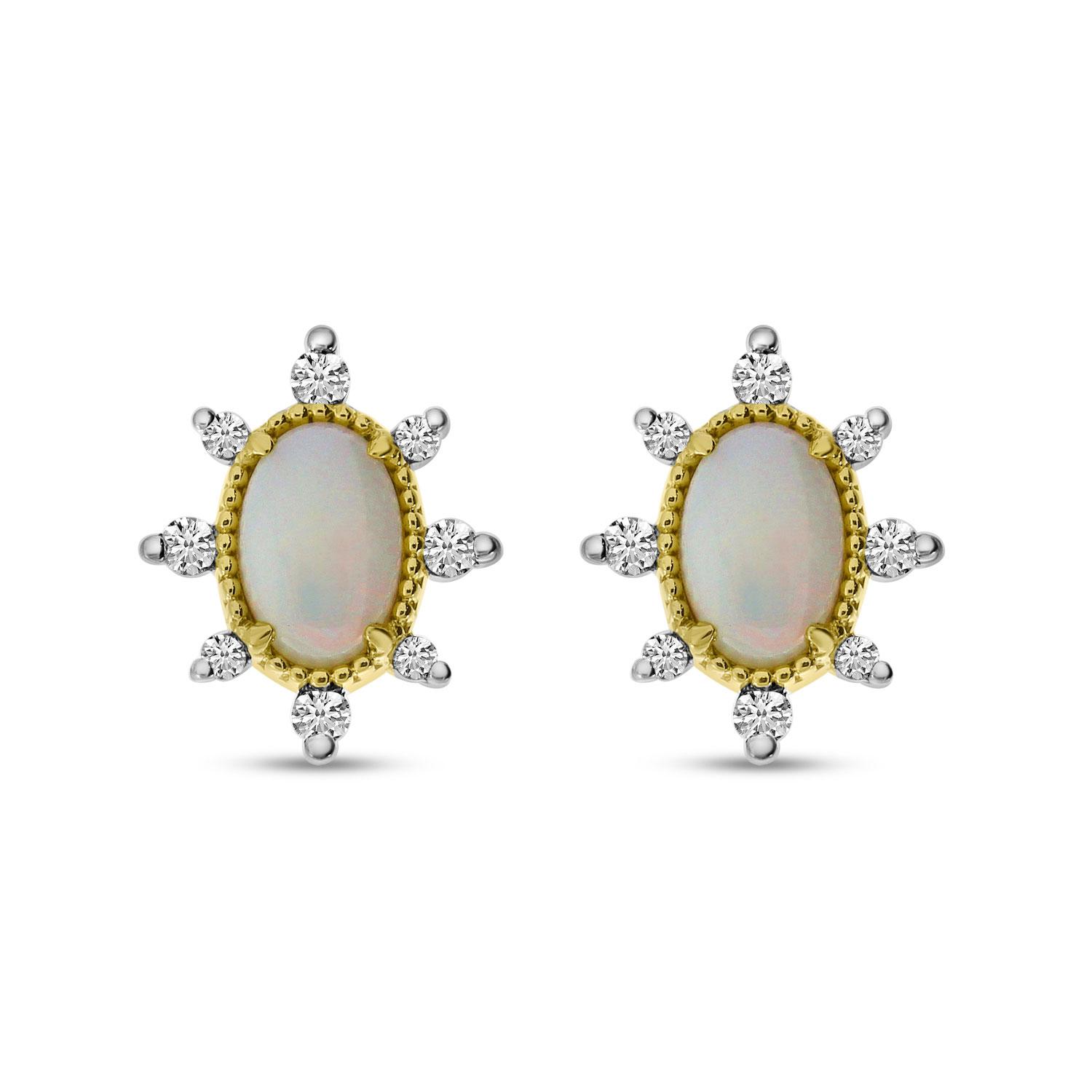 14K Yellow Gold Oval Opal with Diamond Halo Earrings