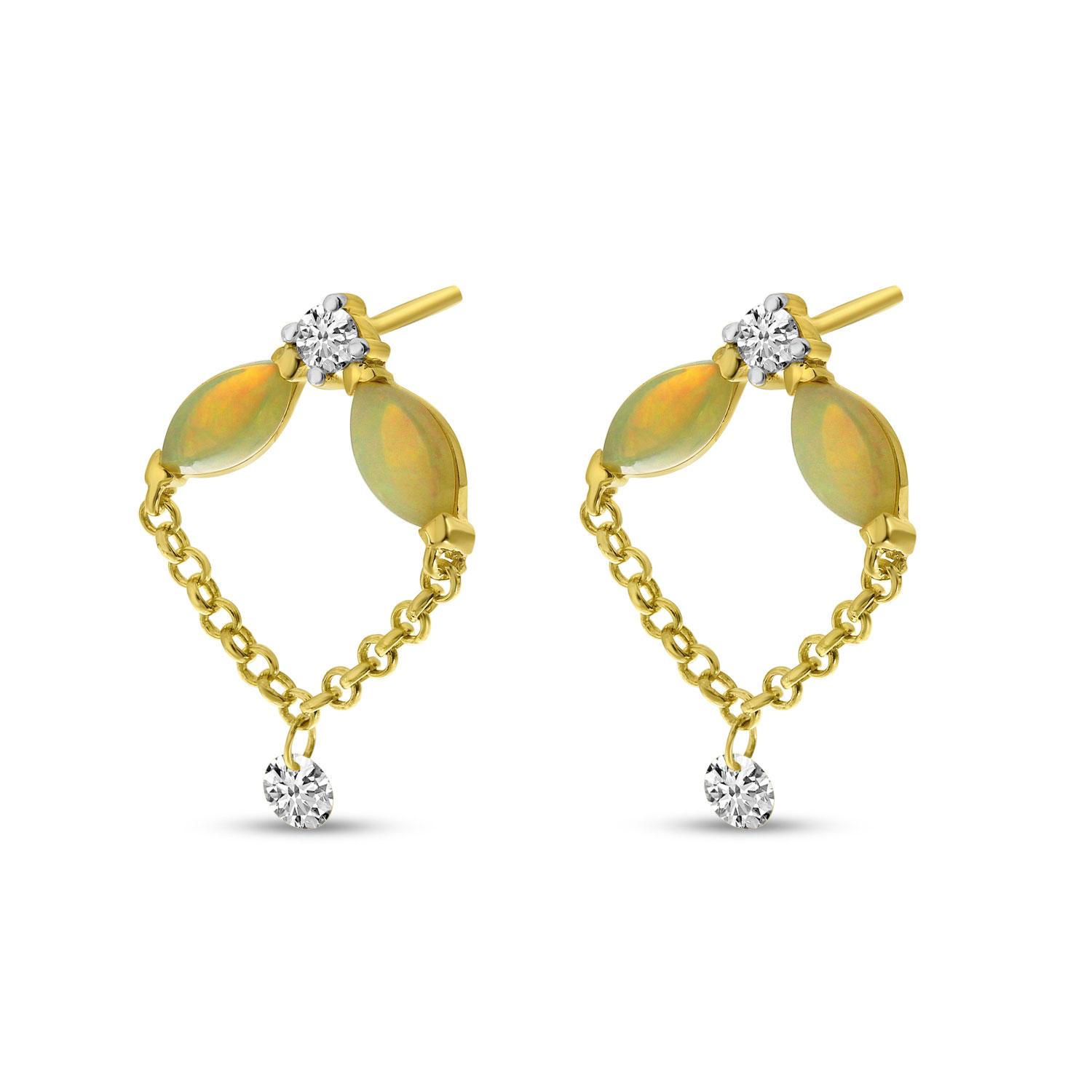 14K Yellow Gold Marquise Opal and Diamond Dashing Diamond Stud Earrings