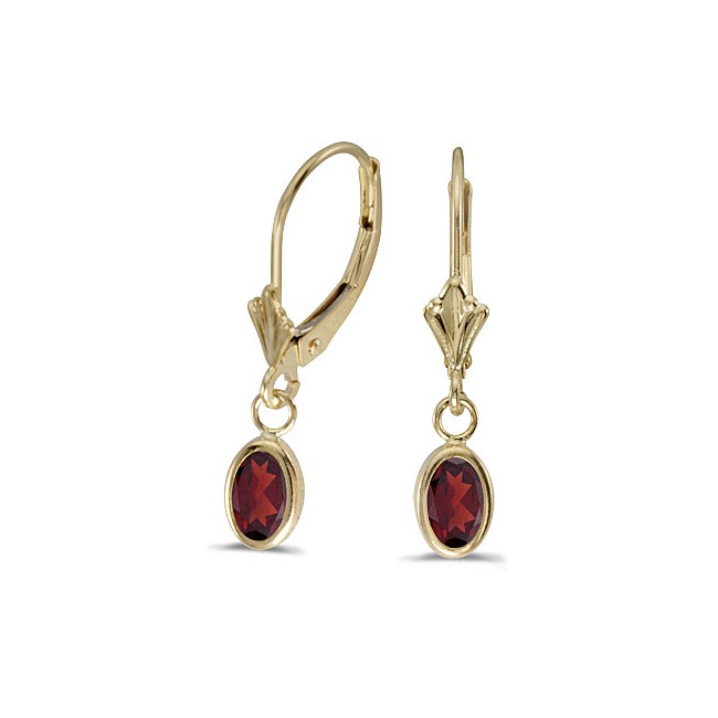 14k Yellow Gold Oval Garnet Bezel Lever-back Earrings