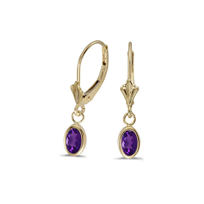 14k Yellow Gold Oval Amethyst Bezel Lever-back Earrings