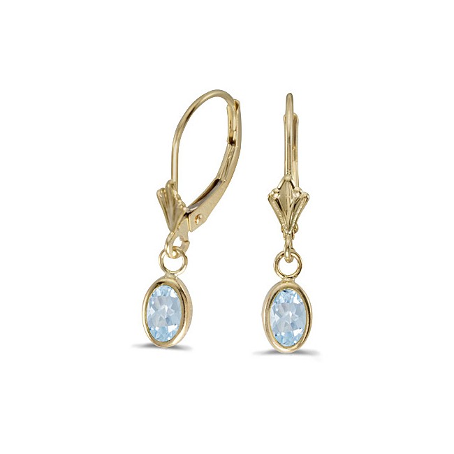 14k Yellow Gold Oval Aquamarine Bezel Lever-back Earrings