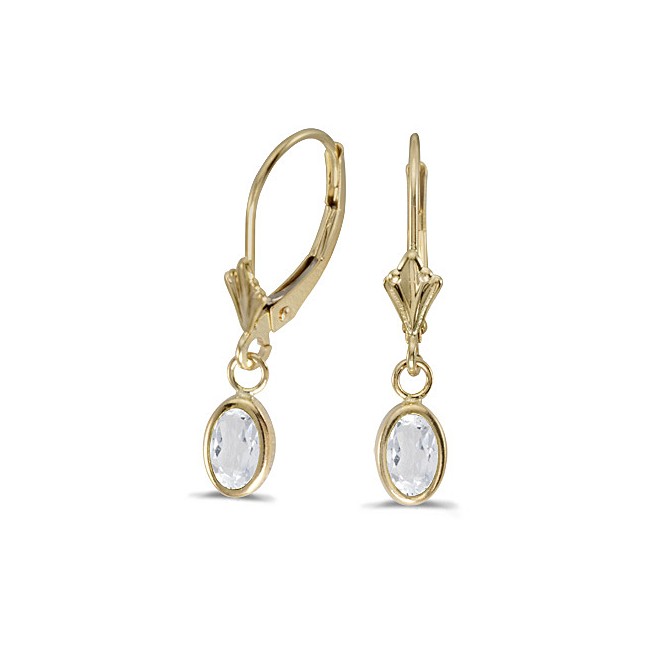 14k Yellow Gold Oval White Topaz Bezel Lever-back Earrings