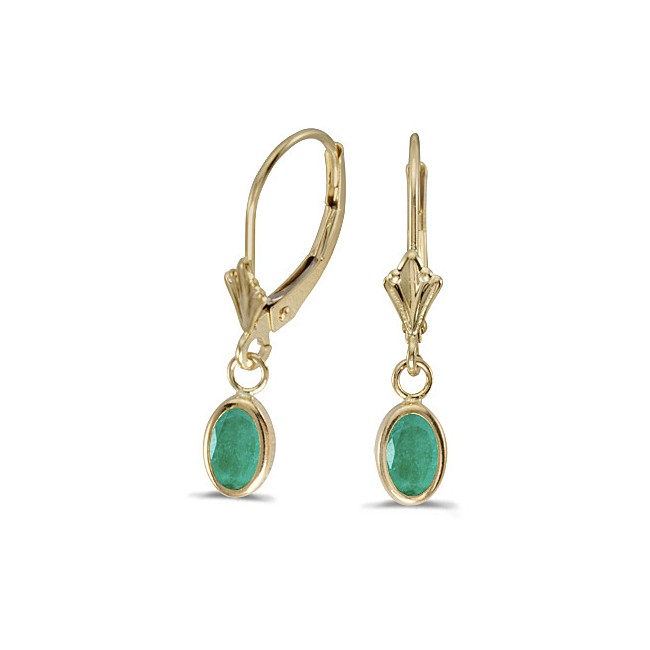 14k Yellow Gold Oval Emerald Bezel Lever-back Earrings