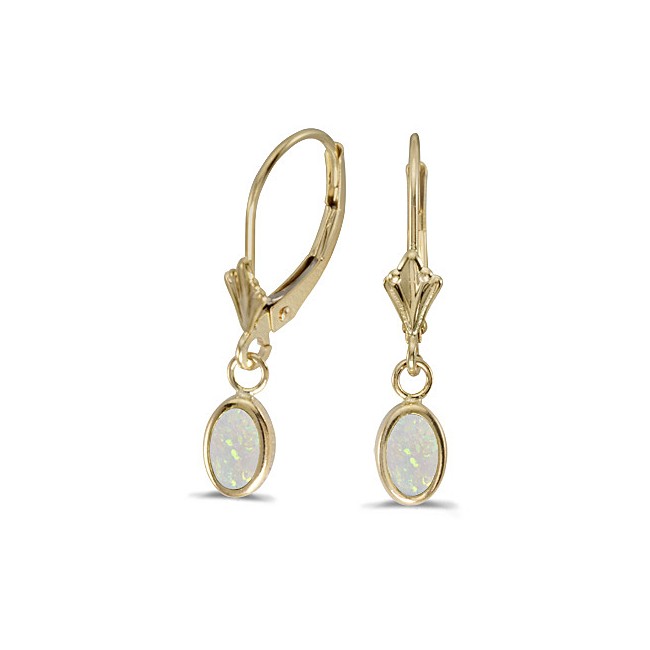 14k Yellow Gold Oval Opal Bezel Lever-back Earrings