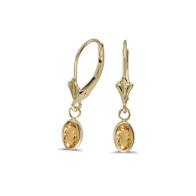 14k Yellow Gold Oval Citrine Bezel Lever-back Earrings