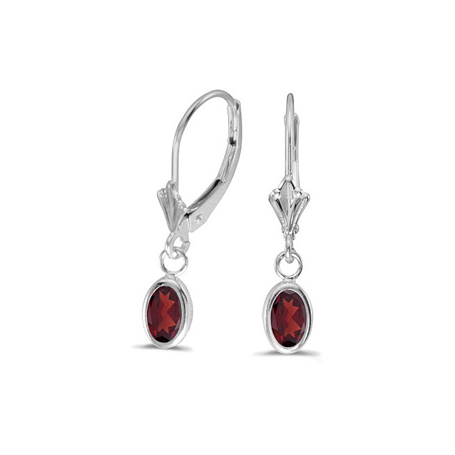 14k White Gold Oval Garnet Bezel Lever-back Earrings