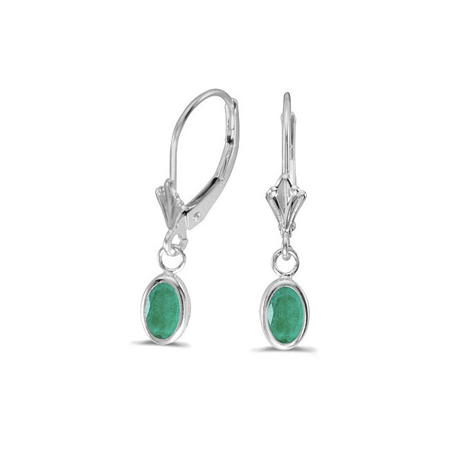 14k White Gold Oval Emerald Bezel Lever-back Earrings