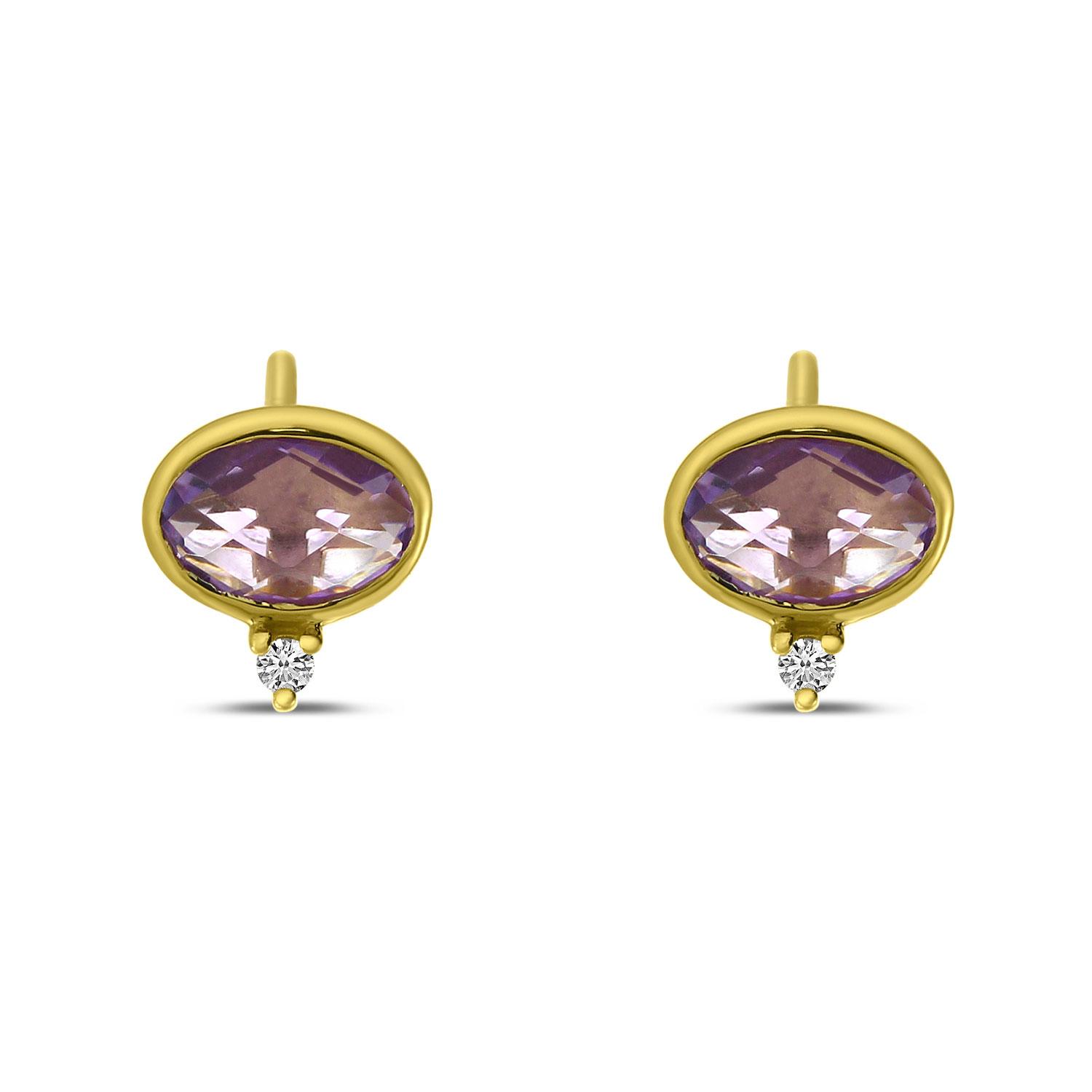 14K Yellow Gold Oval Amethyst and Diamond Bezel Stud Earrings